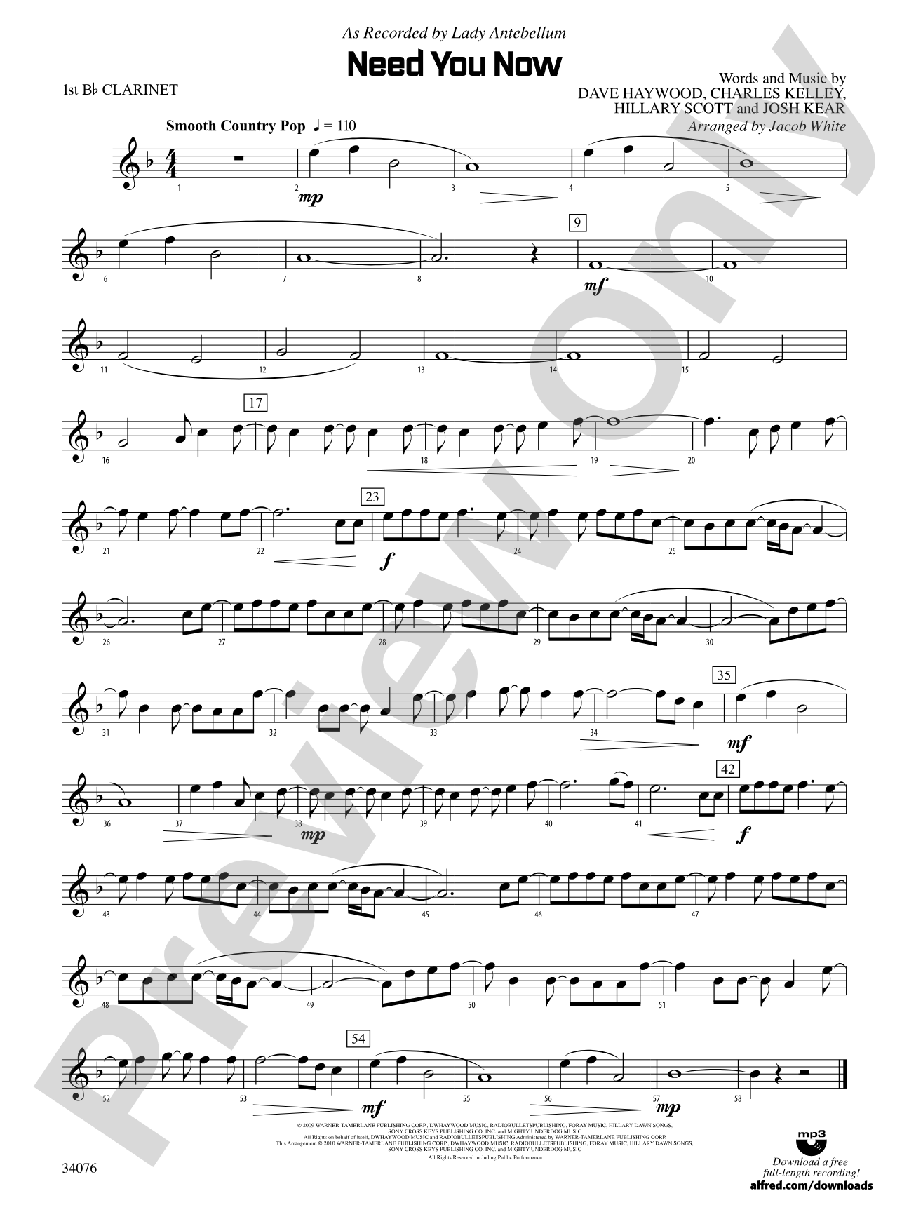 Need You Now: 1st B-flat Clarinet