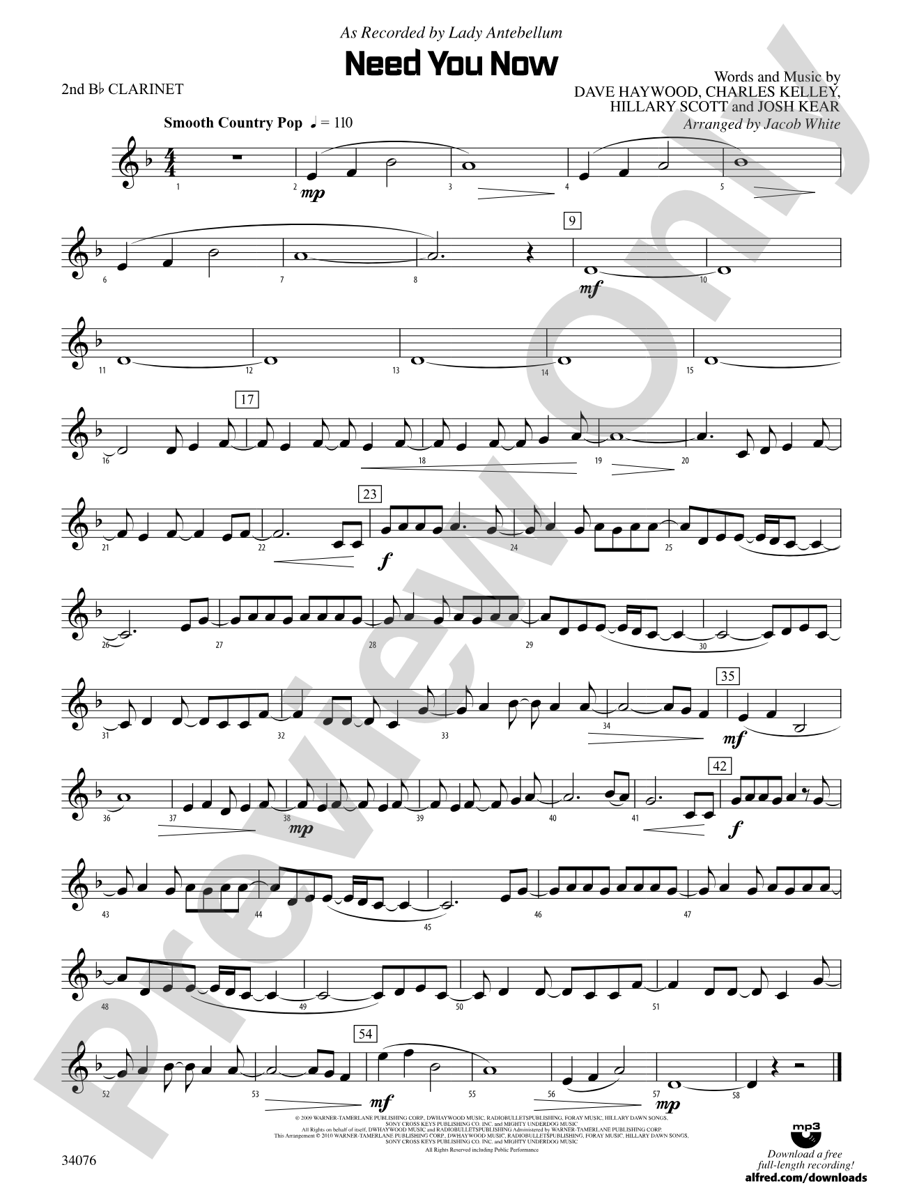 Need You Now: 2nd B-flat Clarinet