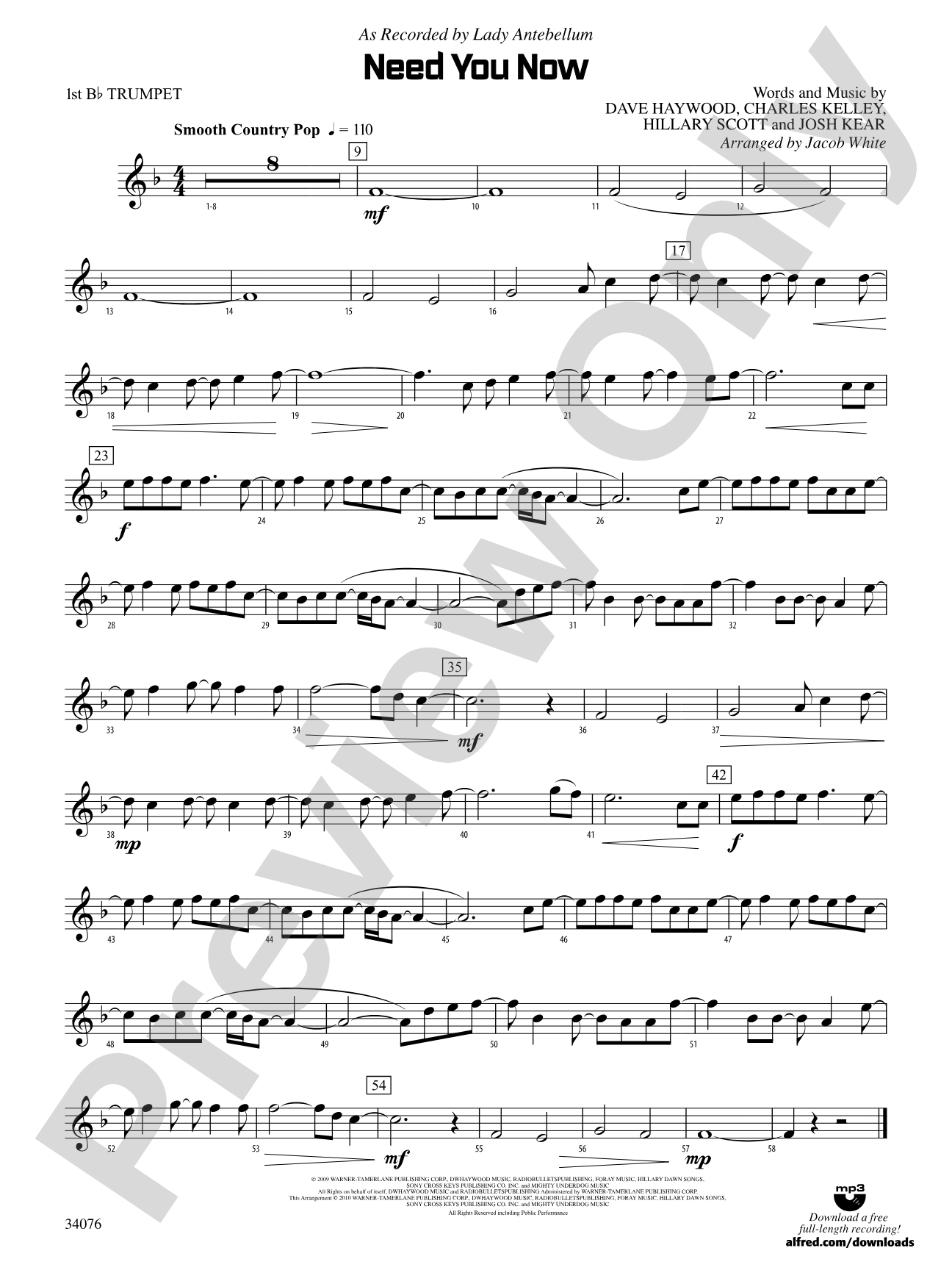 Need You Now: 1st B-flat Trumpet