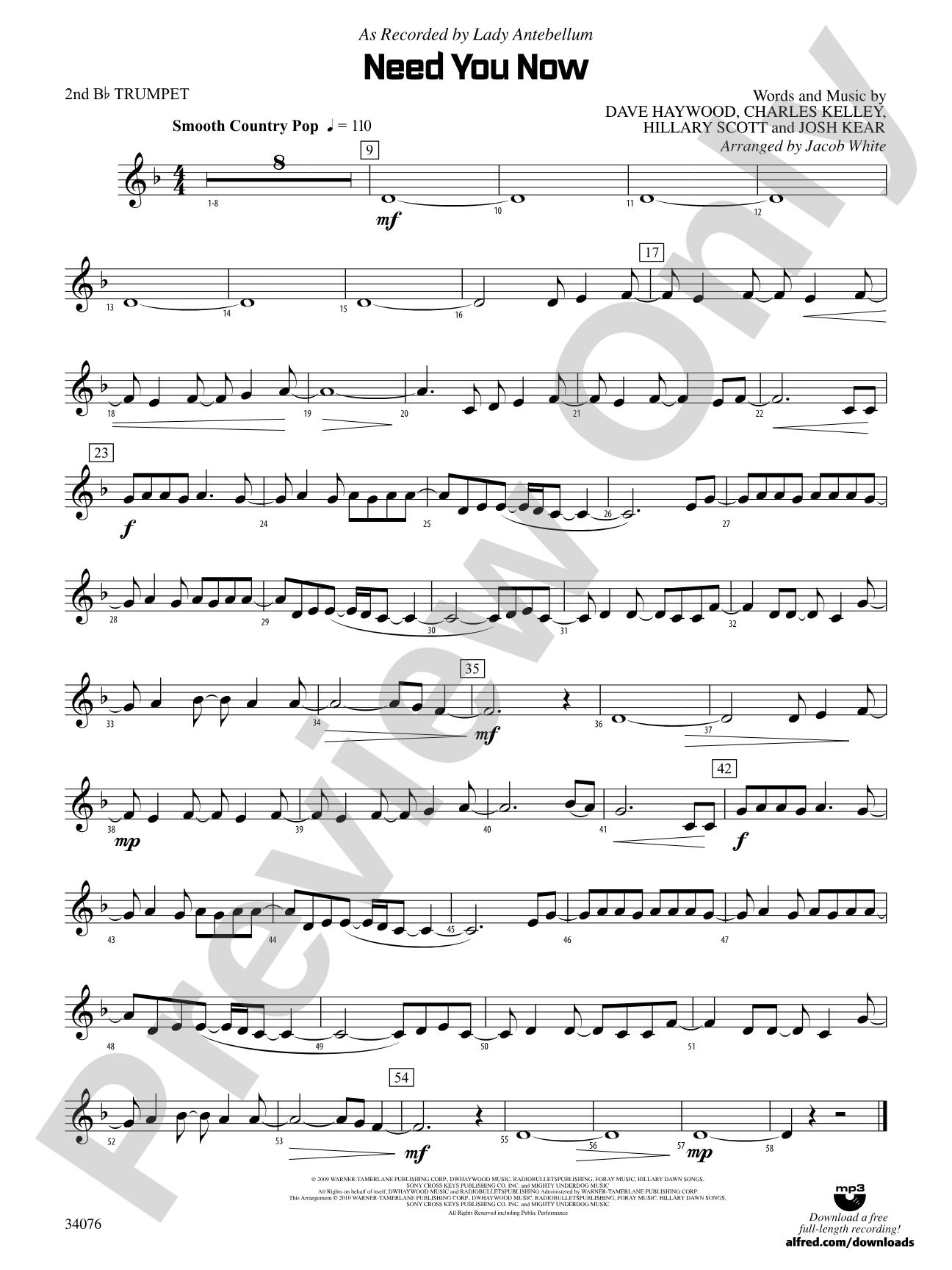 Need You Now: 2nd B-flat Trumpet