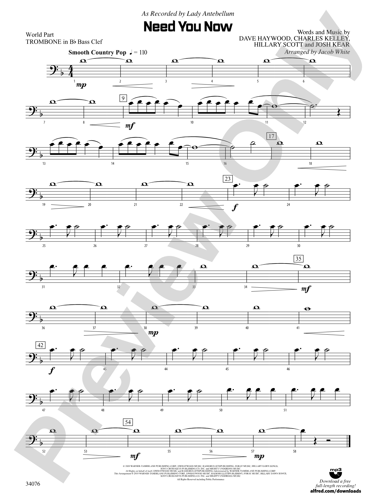Need You Now: (wp) 1st B-flat Trombone B.C.