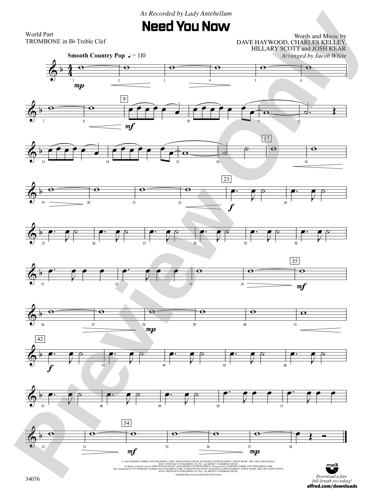 Need You Now: (wp) 1st B-flat Trombone T.C.