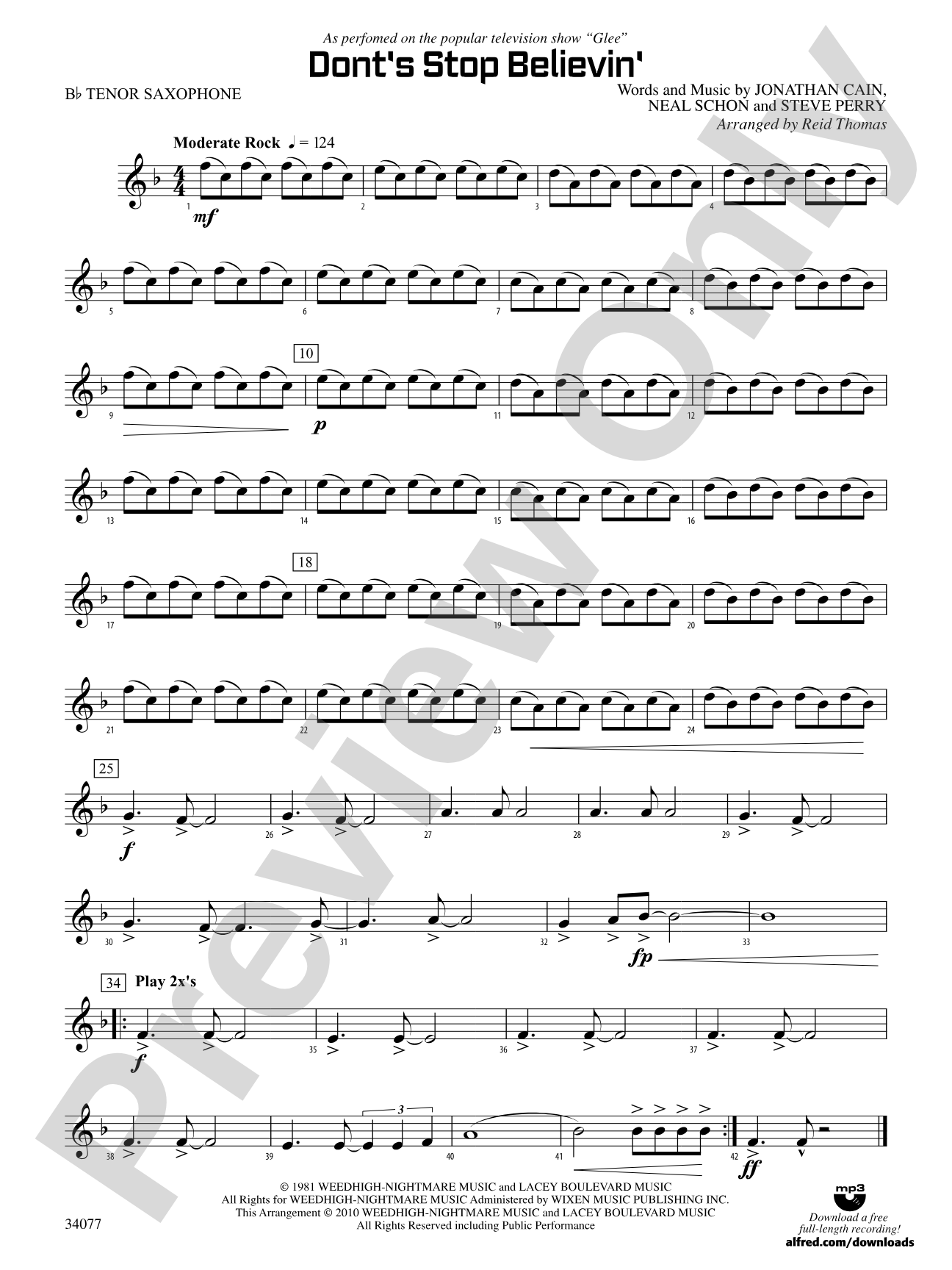 Don't Stop Believin': B-flat Tenor Saxophone