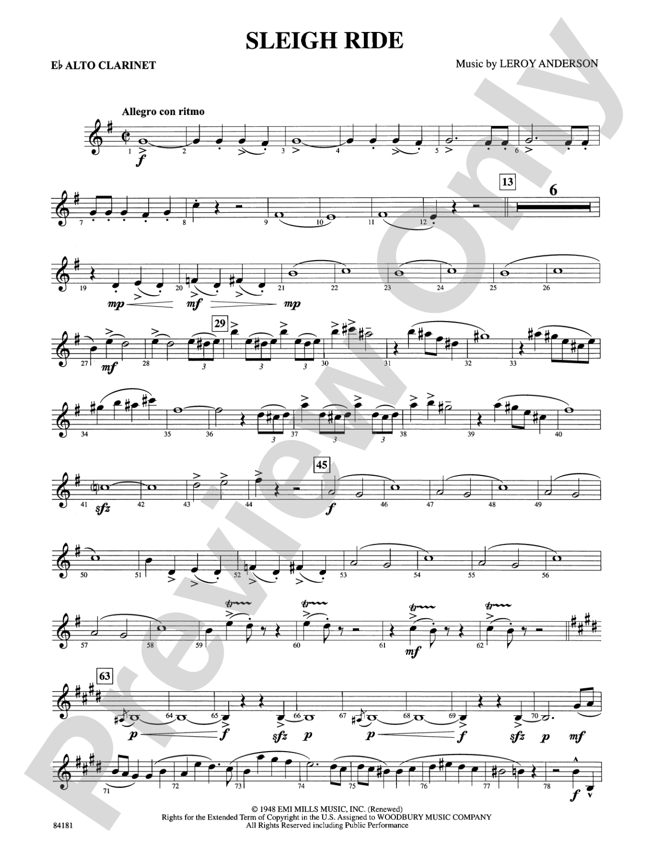 Sleigh Ride: E-flat Alto Clarinet