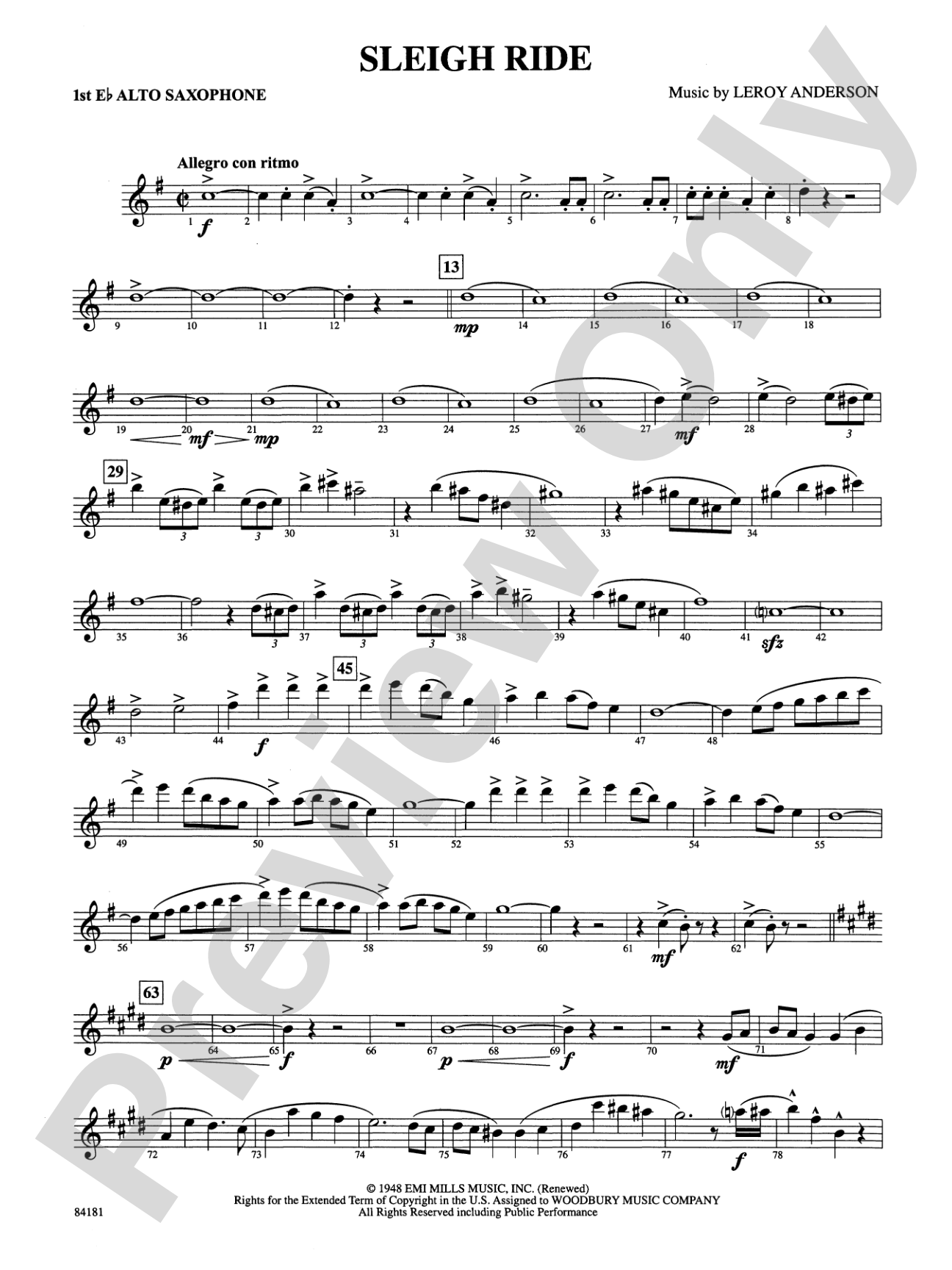 Sleigh Ride: E-flat Alto Saxophone