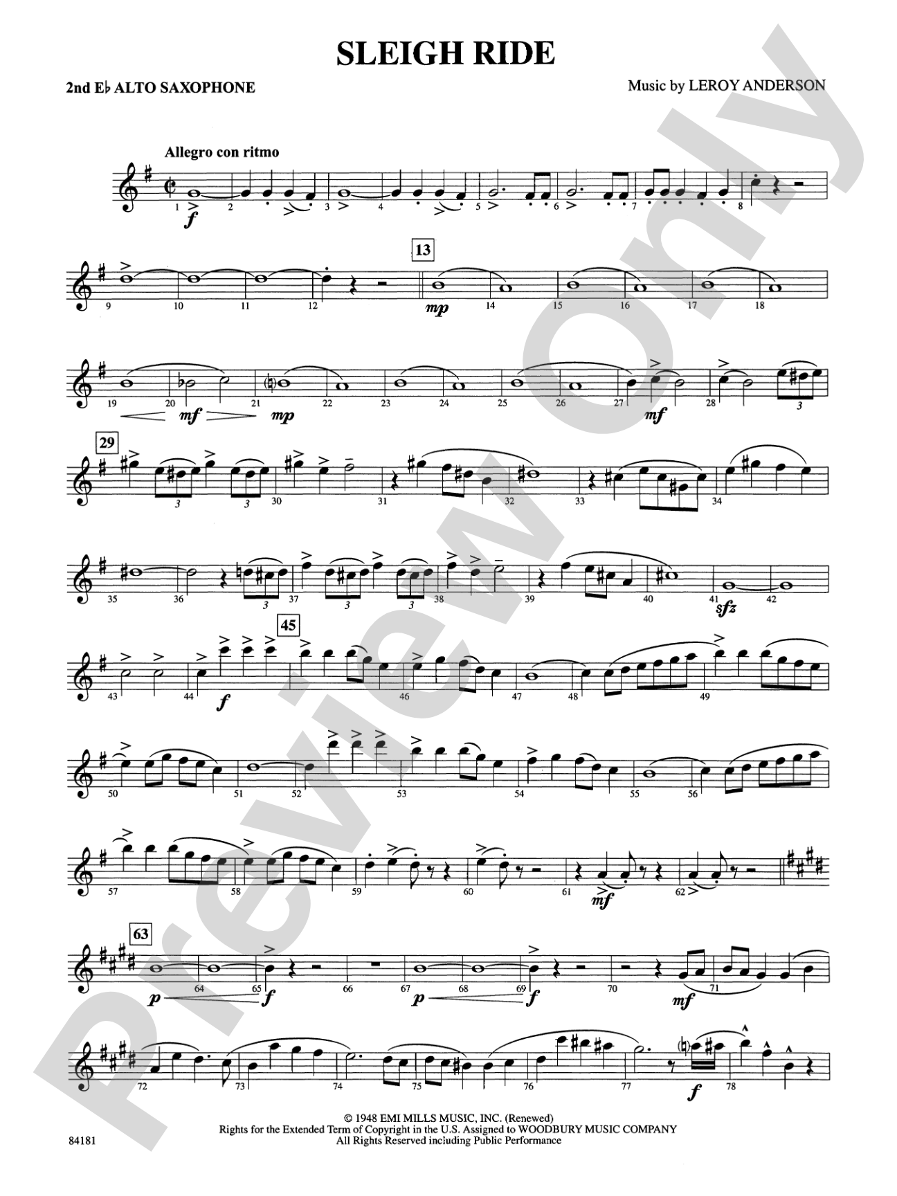 Sleigh Ride: 2nd E-flat Alto Saxophone