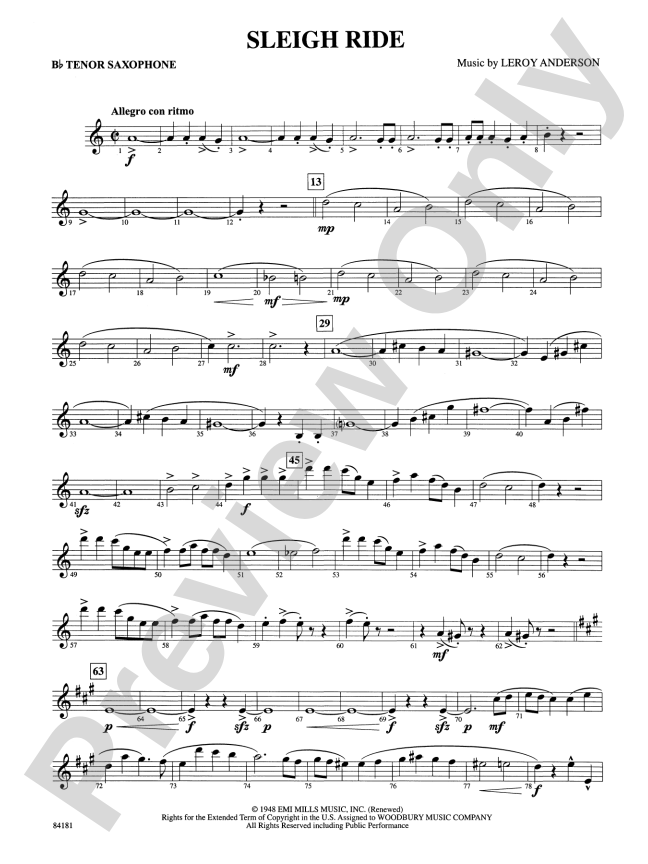 Sleigh Ride: B-flat Tenor Saxophone