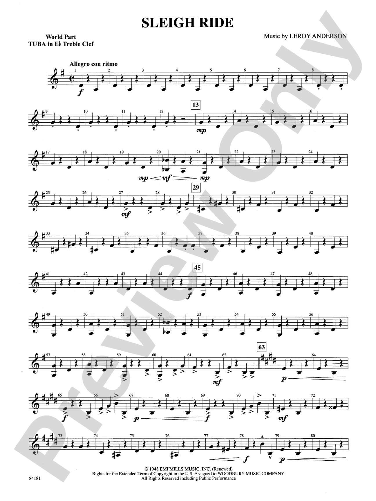 Sleigh Ride: (wp) E-flat Tuba T.C.