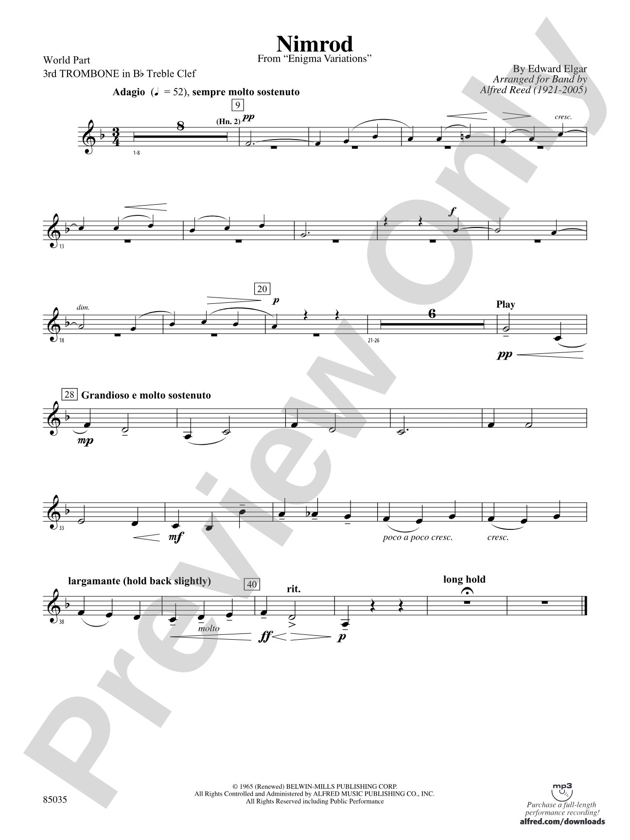 Nimrod (from Elgar's Variations): (wp) 3rd B-flat Trombone T.C.