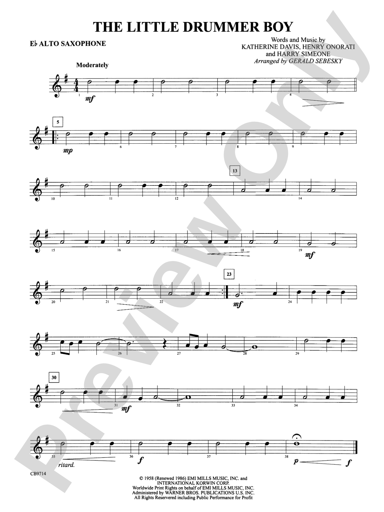 The Little Drummer Boy: E-flat Alto Saxophone