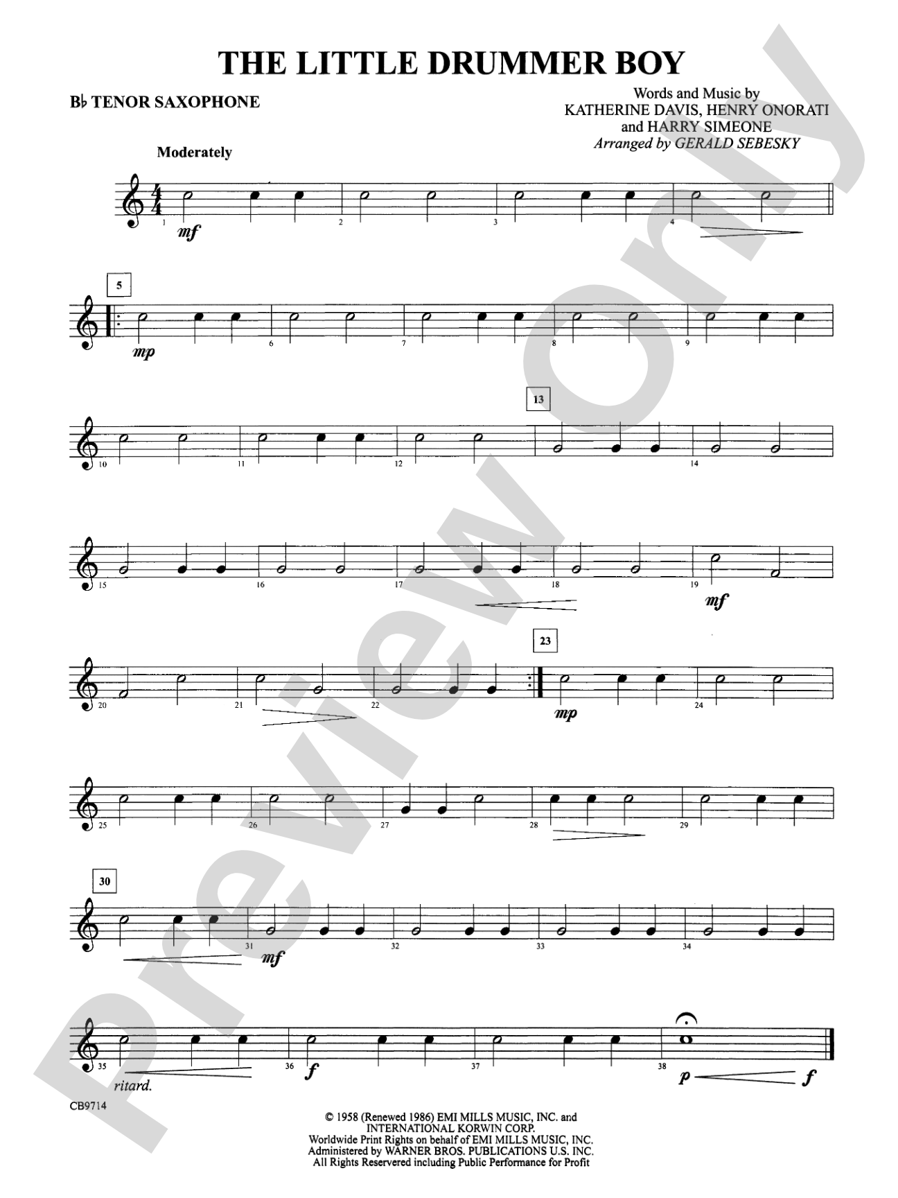 The Little Drummer Boy: B-flat Tenor Saxophone