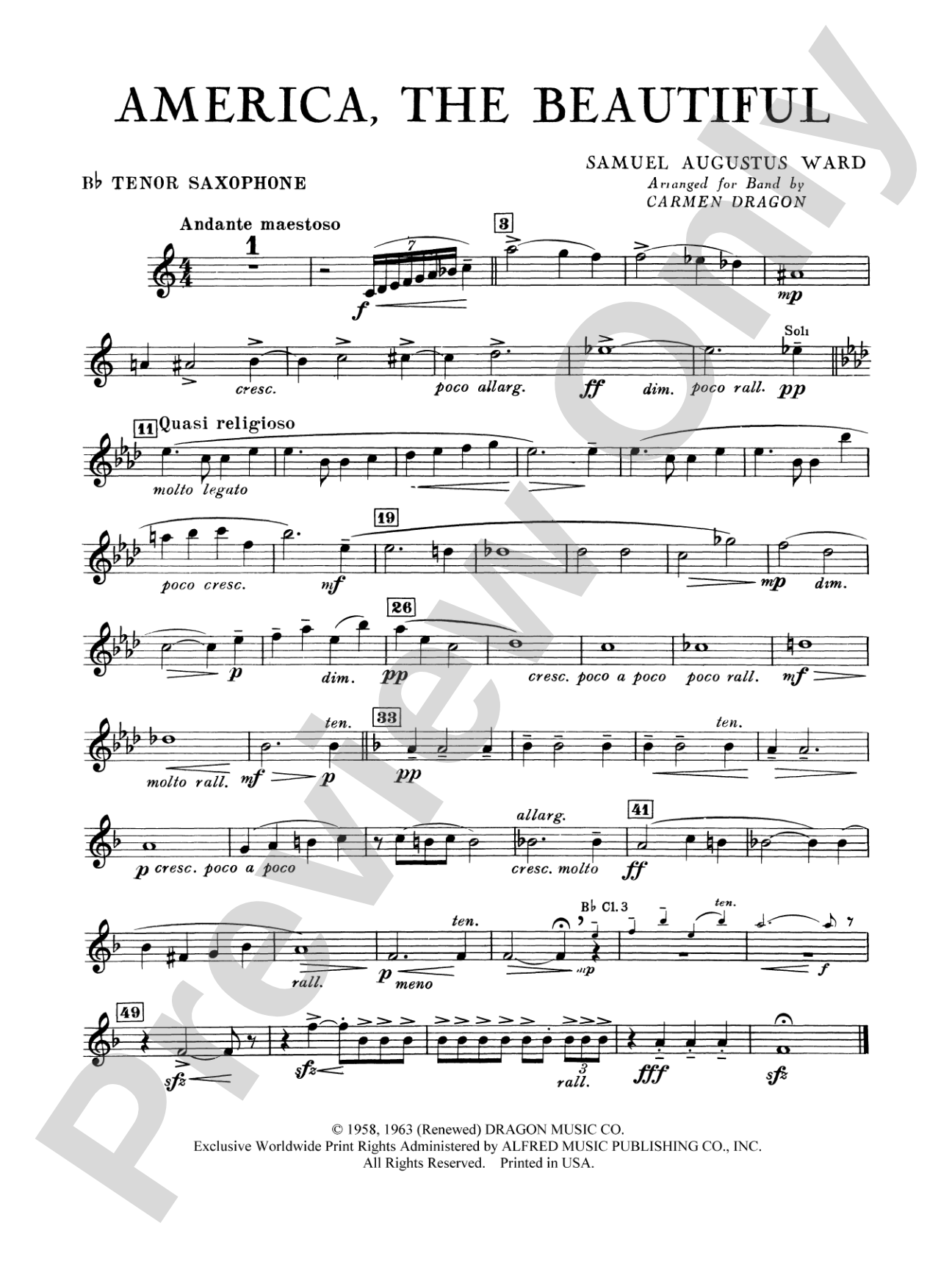 America the Beautiful: B-flat Tenor Saxophone