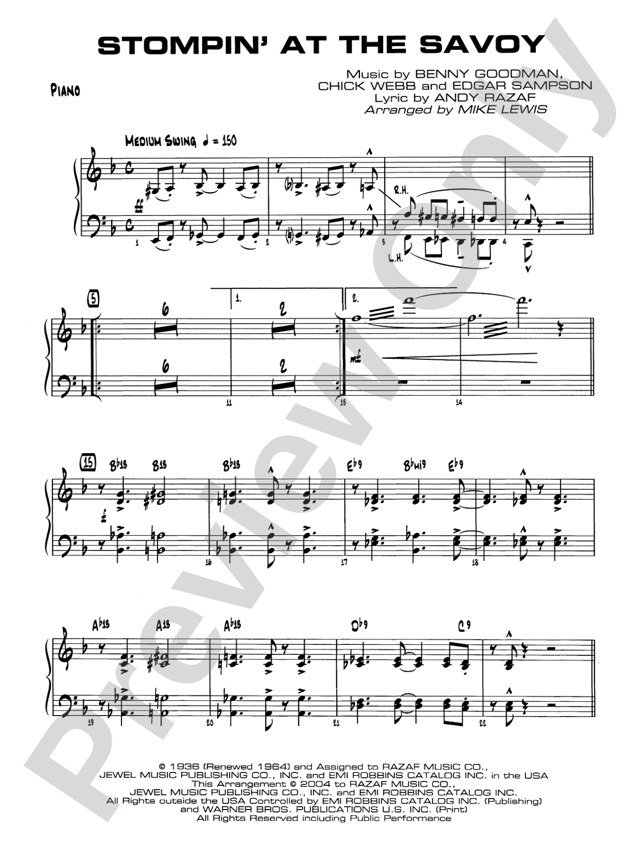 Stompin' at the Savoy: Piano Accompaniment