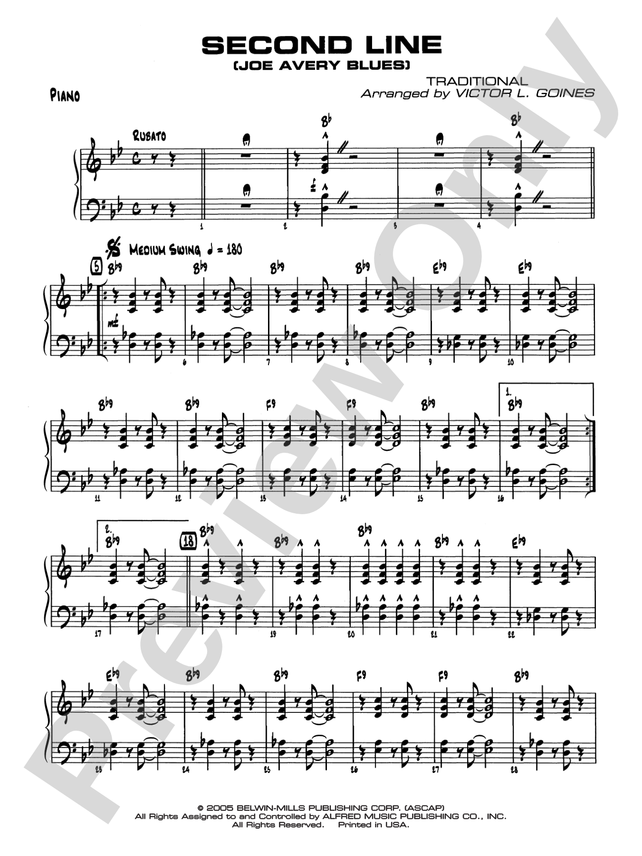 Second Line (Joe Avery Blues): Piano Accompaniment