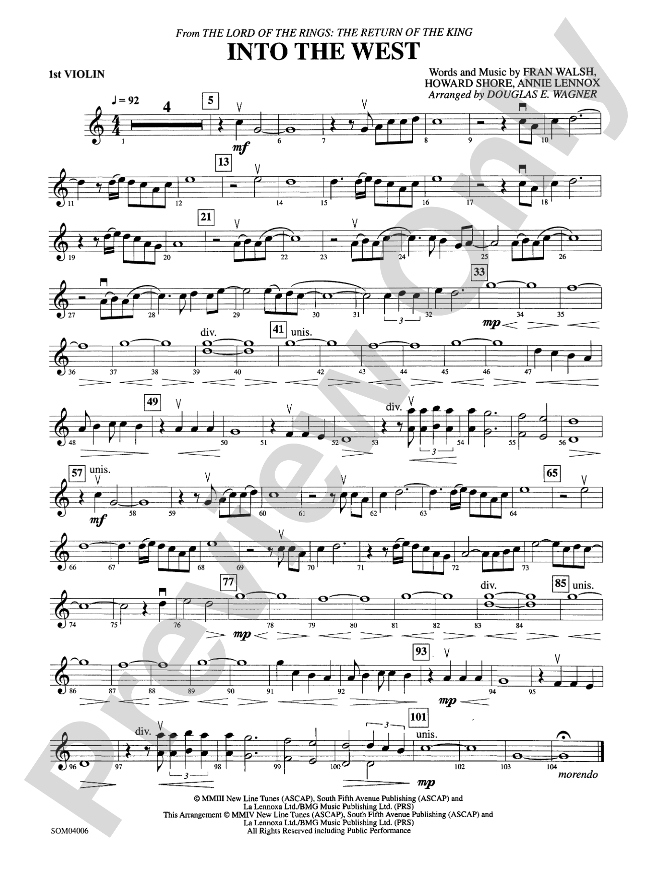 Into the West (from The Lord of the Rings: The Return of the King): 1st Violin