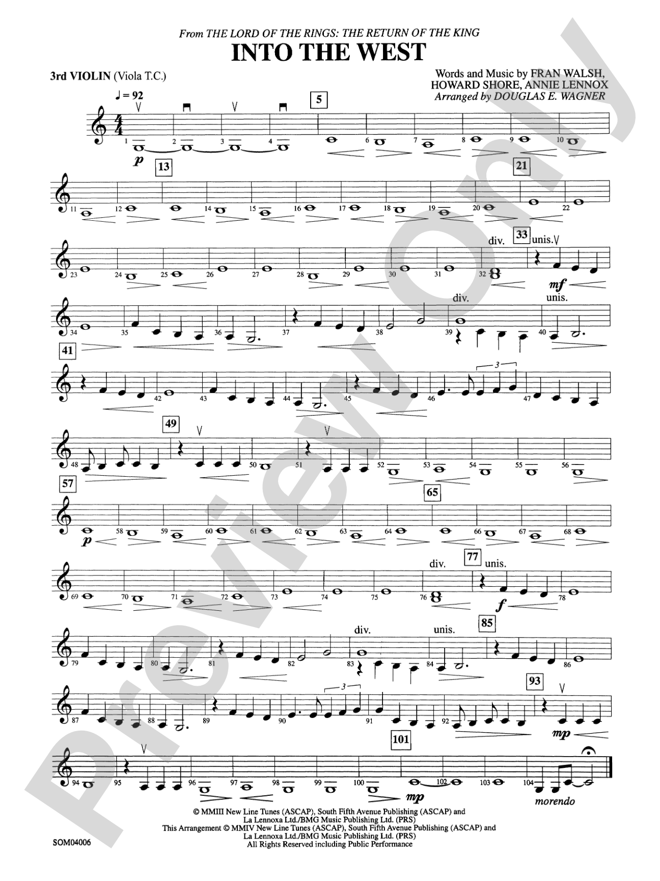 Into the West (from The Lord of the Rings: The Return of the King): 3rd Violin (Viola [TC])