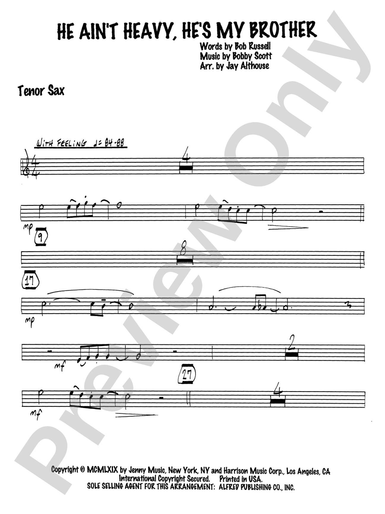 He Ain't Heavy, He's My Brother: B-flat Tenor Saxophone: Choral SoundPax