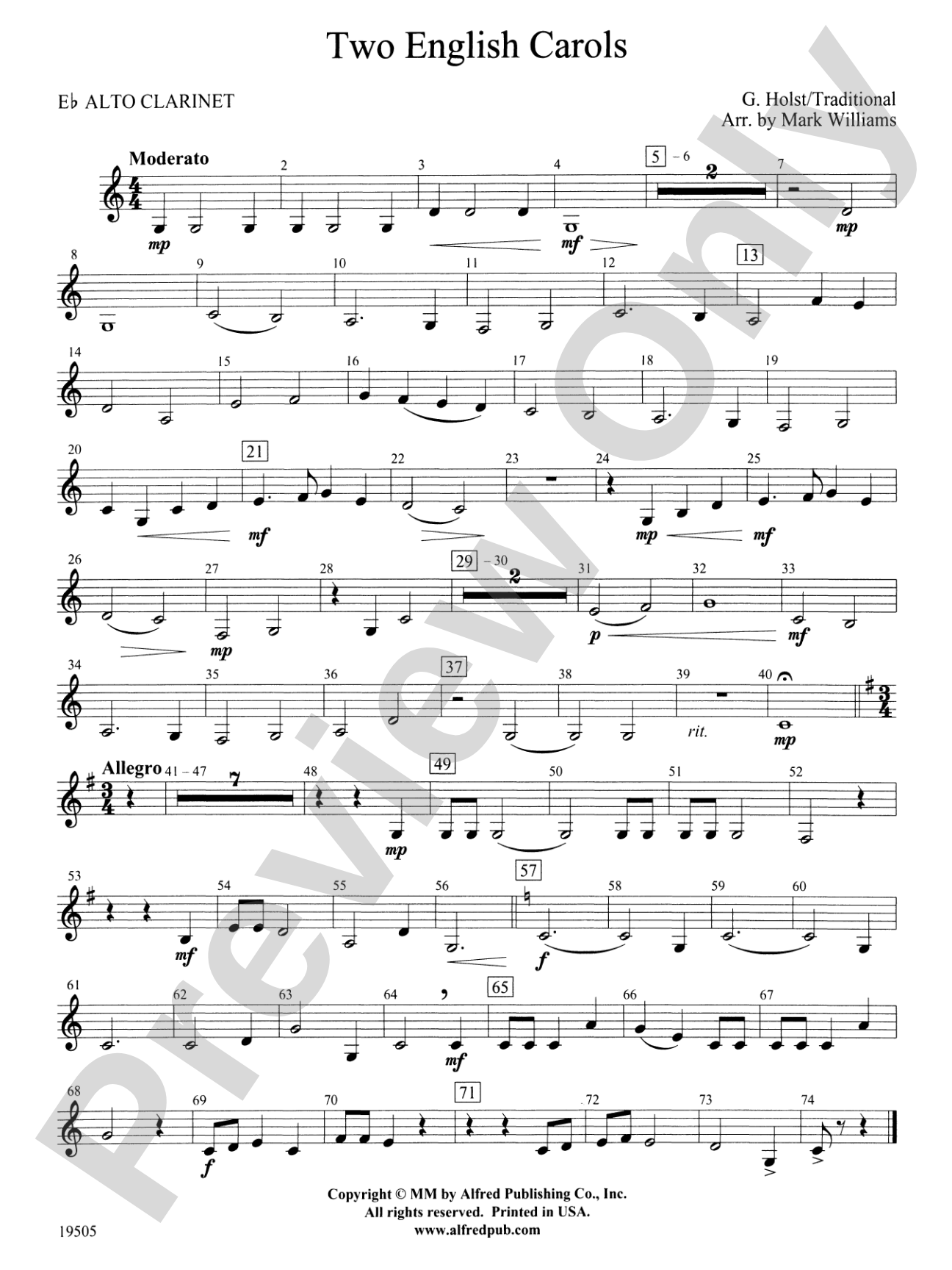 Two English Carols: E-flat Alto Clarinet