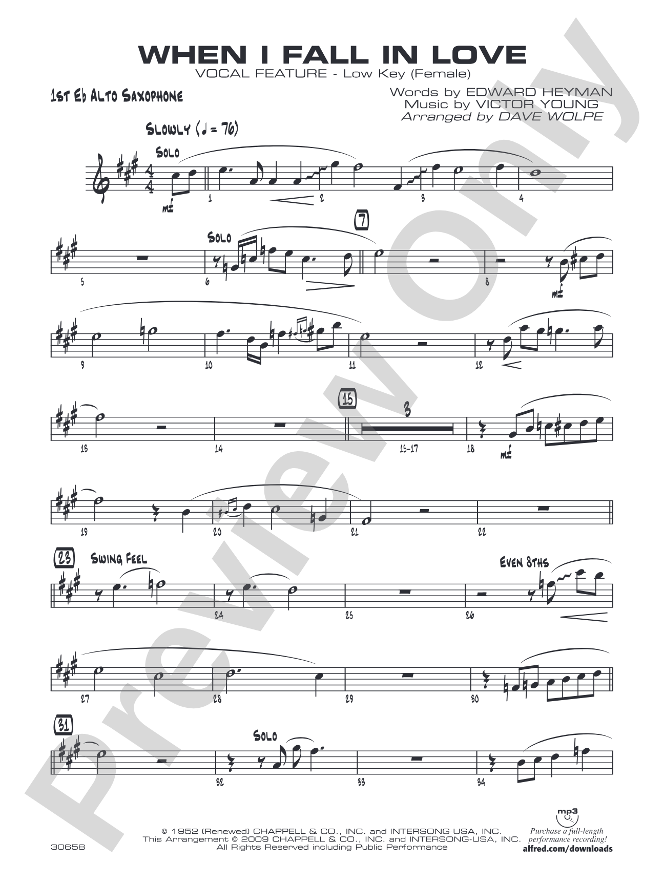 When I Fall in Love: E-flat Alto Saxophone