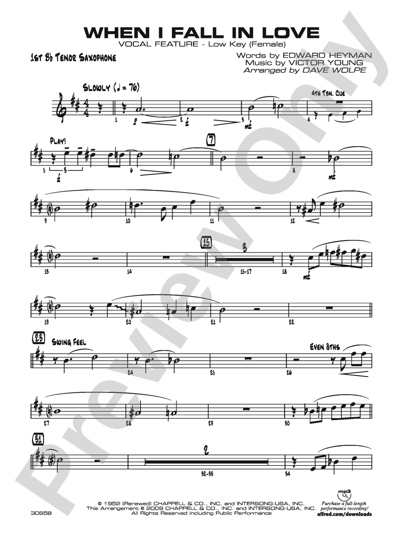 When I Fall in Love: B-flat Tenor Saxophone