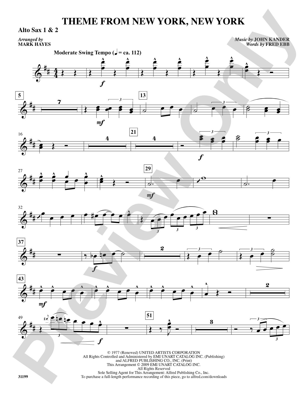 Theme from New York, New York: 1st & 2nd E-flat Alto Saxophone: Choral SoundPax