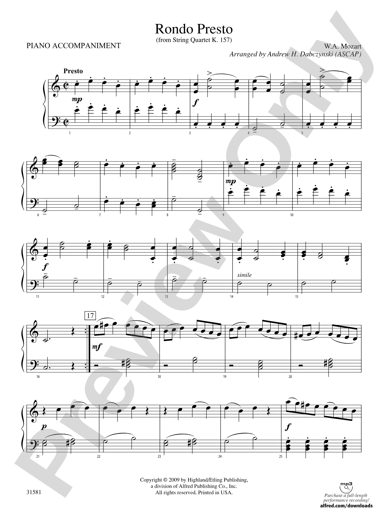 Rondo Presto (from String Quartet K. 157): Piano Accompaniment