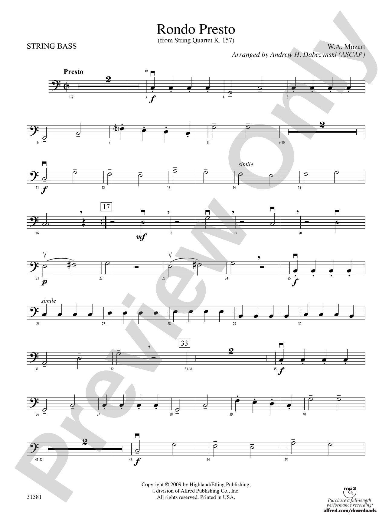 Rondo Presto (from String Quartet K. 157): String Bass