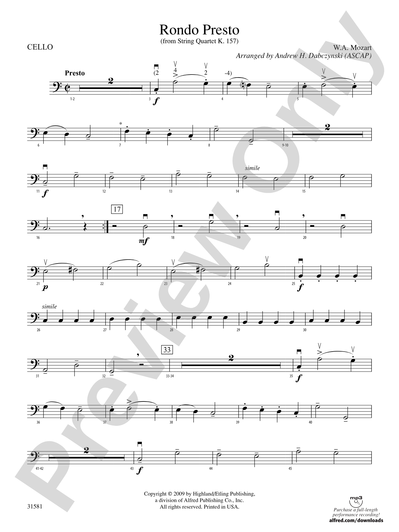 Rondo Presto (from String Quartet K. 157): Cello