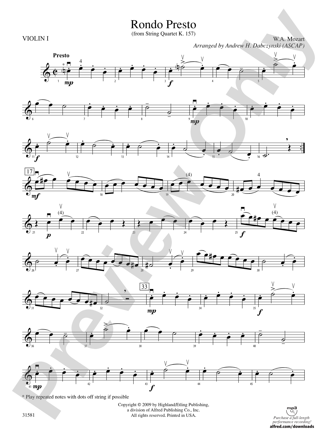 Rondo Presto (from String Quartet K. 157): 1st Violin