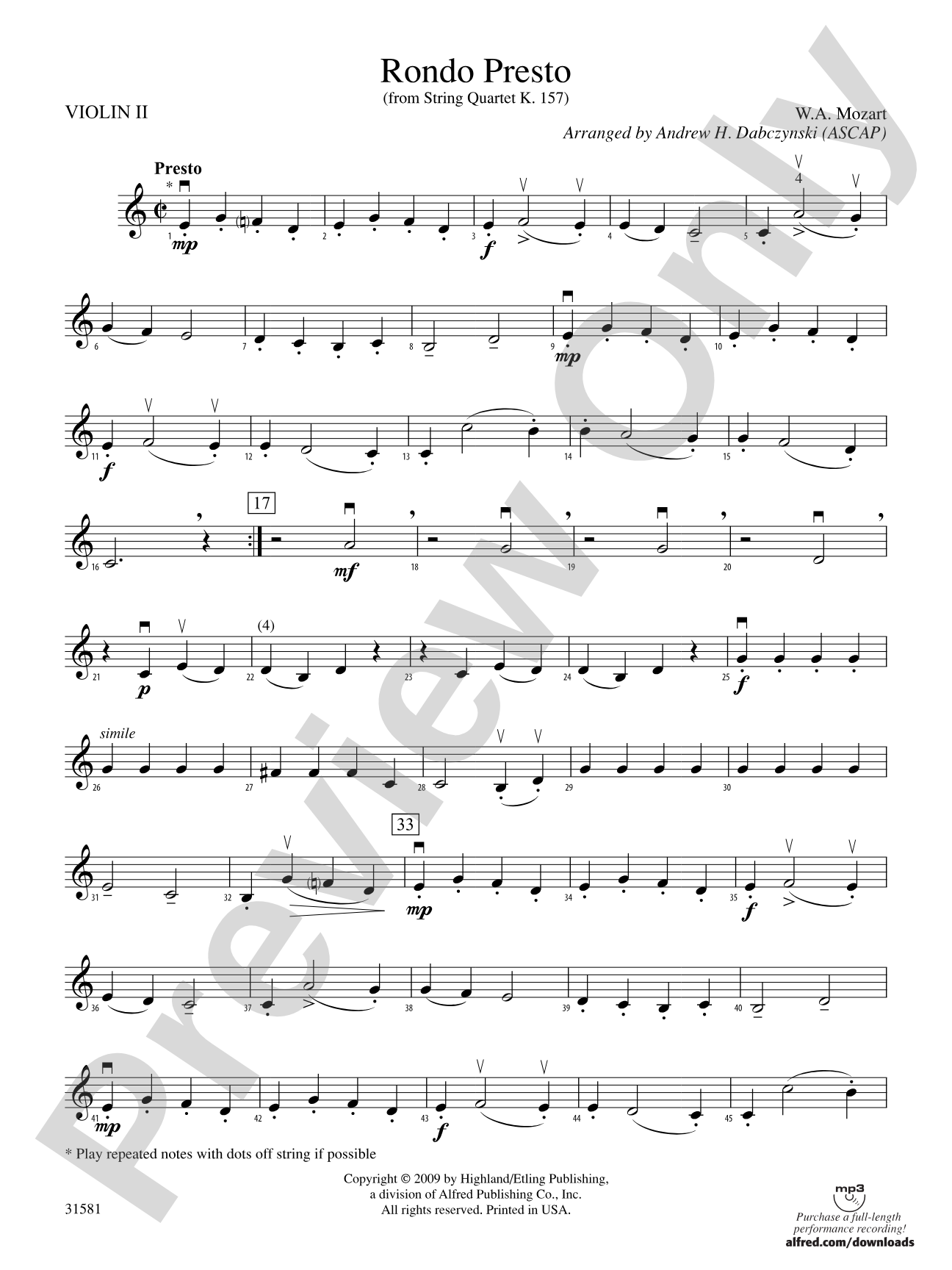 Rondo Presto (from String Quartet K. 157): 2nd Violin