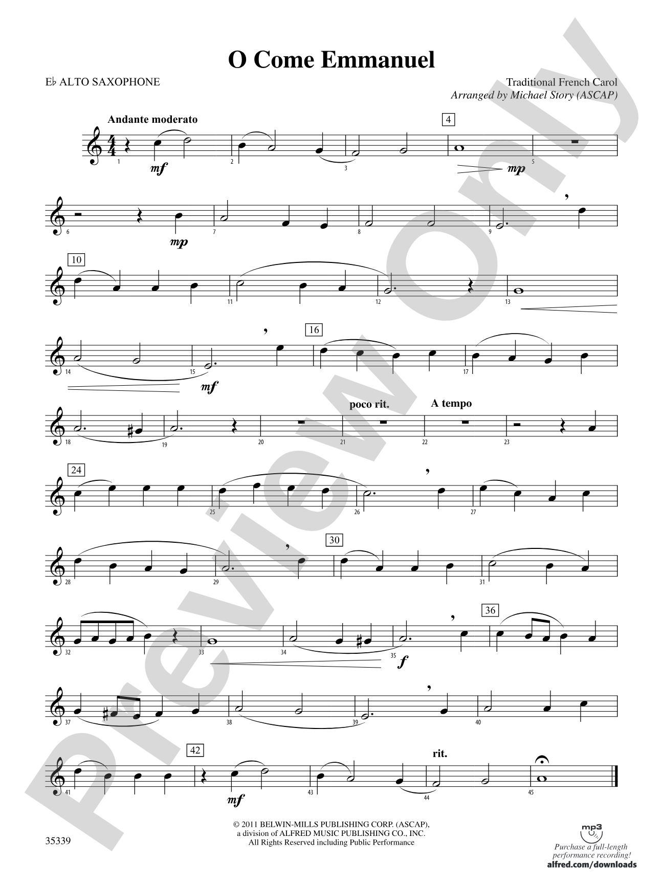 O Come Emmanuel: E-flat Alto Saxophone