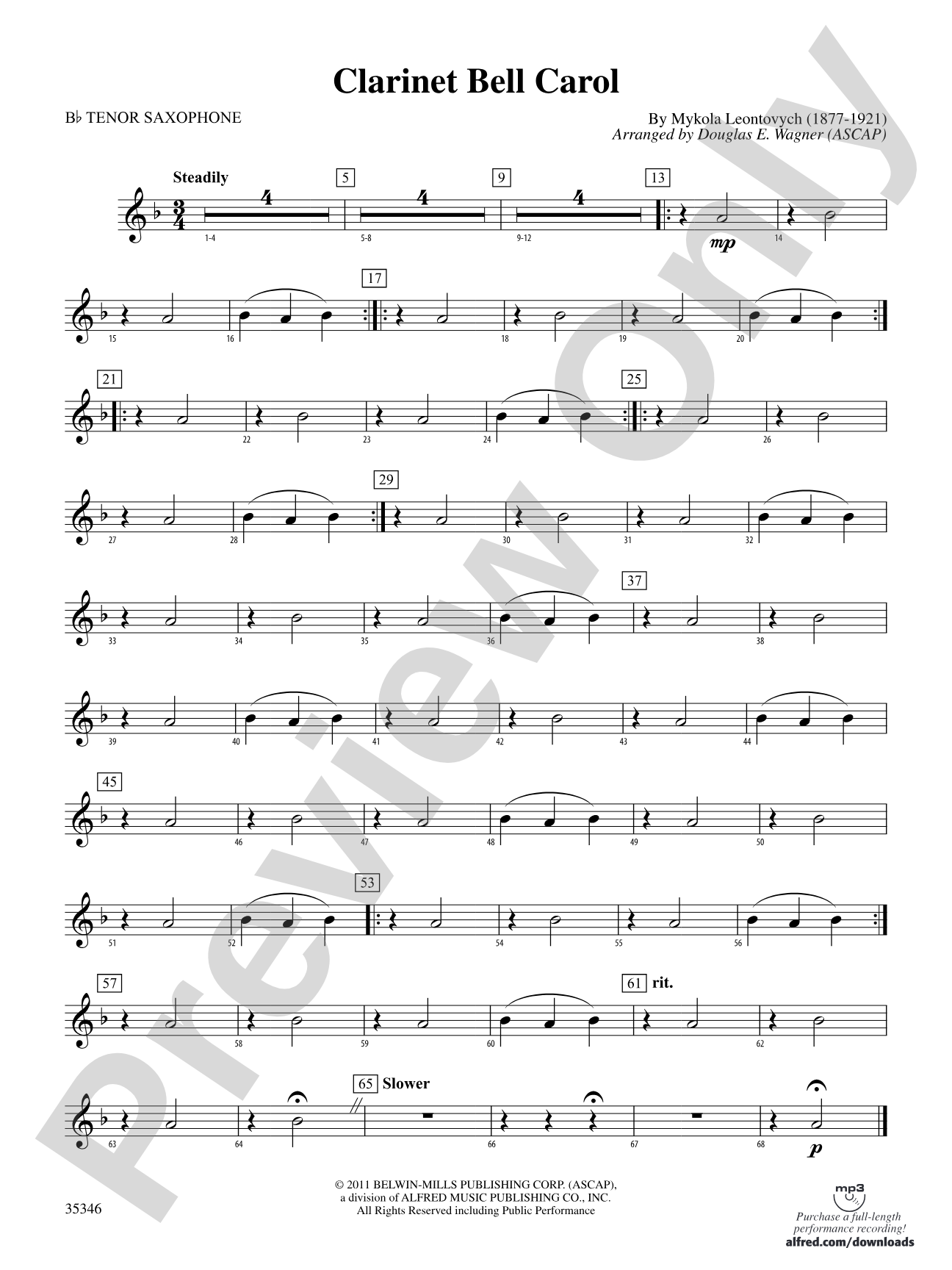 Clarinet Bell Carol: B-flat Tenor Saxophone
