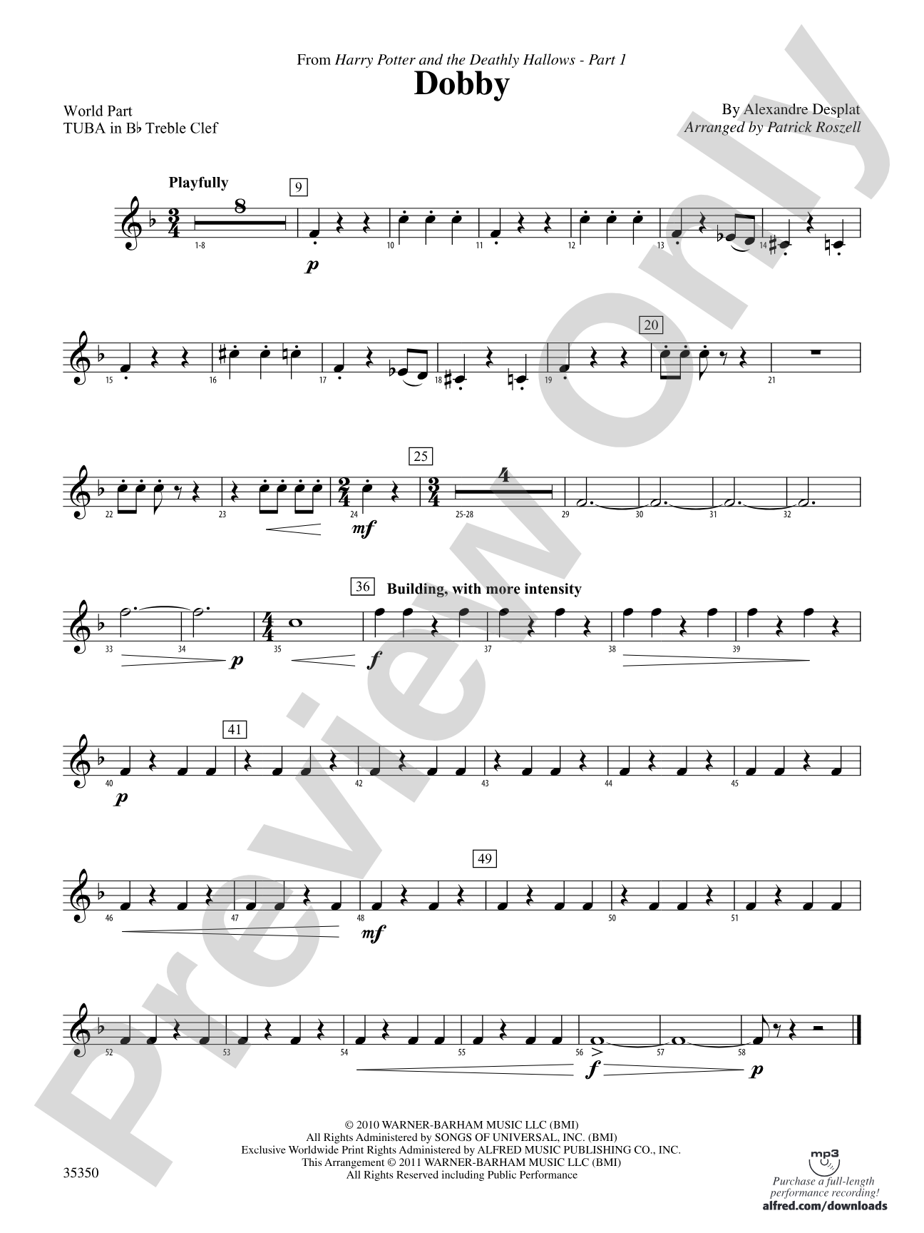 Dobby (from Harry Potter and the Deathly Hallows, Part 1): (wp) B-flat Tuba T.C.