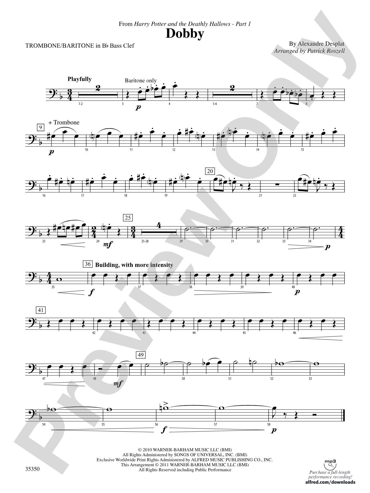 Dobby (from Harry Potter and the Deathly Hallows, Part 1): (wp) 1st B-flat Trombone B.C.