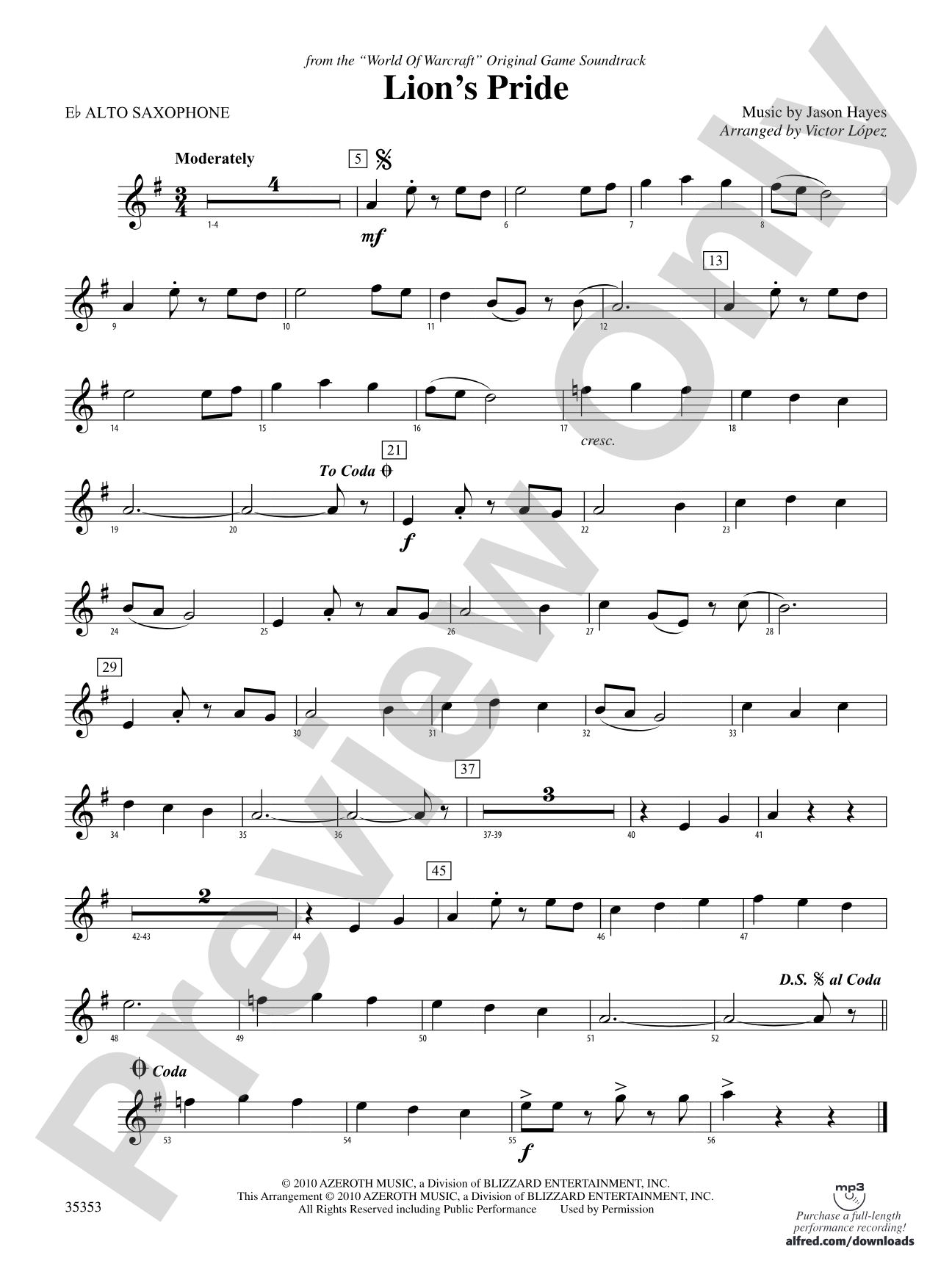 Lion's Pride (from the "World of Warcraft" Original Game Soundtrack): E-flat Alto Saxophone