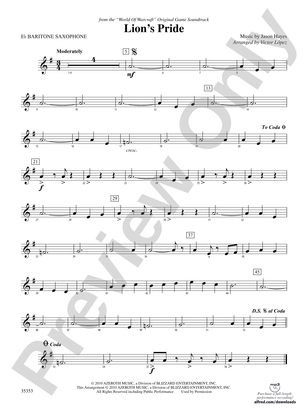 Lion's Pride (from the "World of Warcraft" Original Game Soundtrack): E-flat Baritone Saxophone