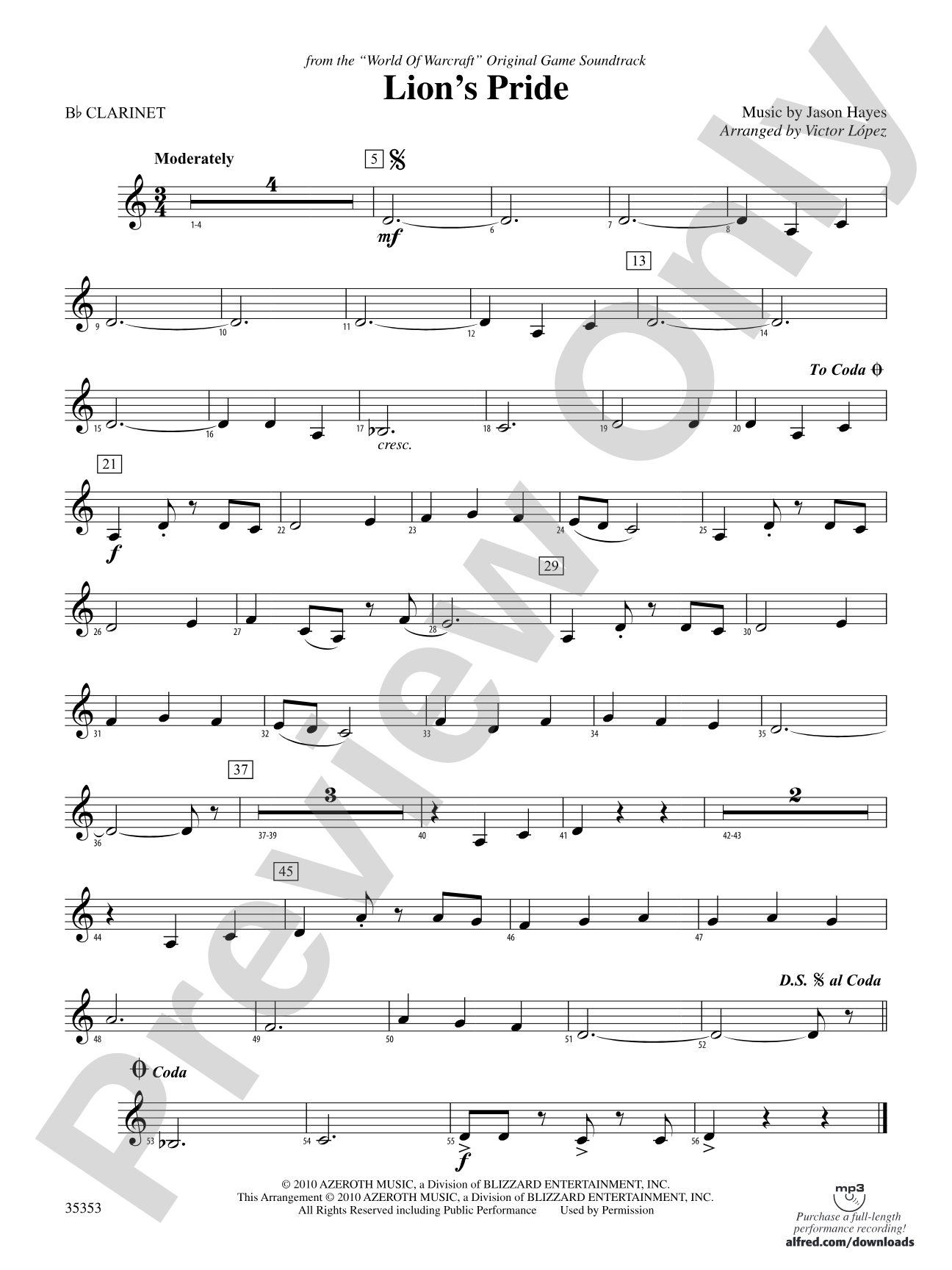 Lion's Pride (from the "World of Warcraft" Original Game Soundtrack): 1st B-flat Clarinet