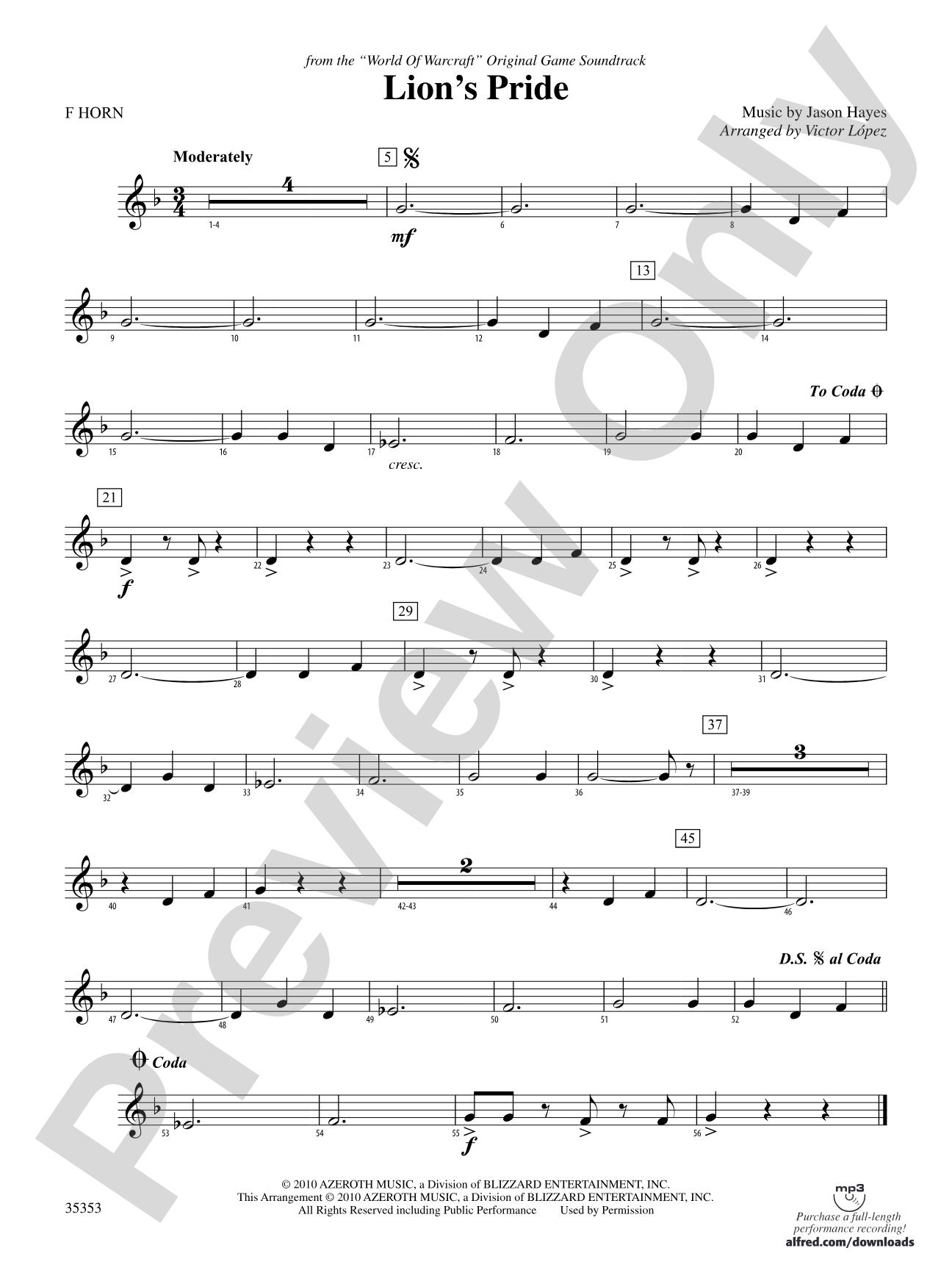 Lion's Pride (from the "World of Warcraft" Original Game Soundtrack): 1st F Horn