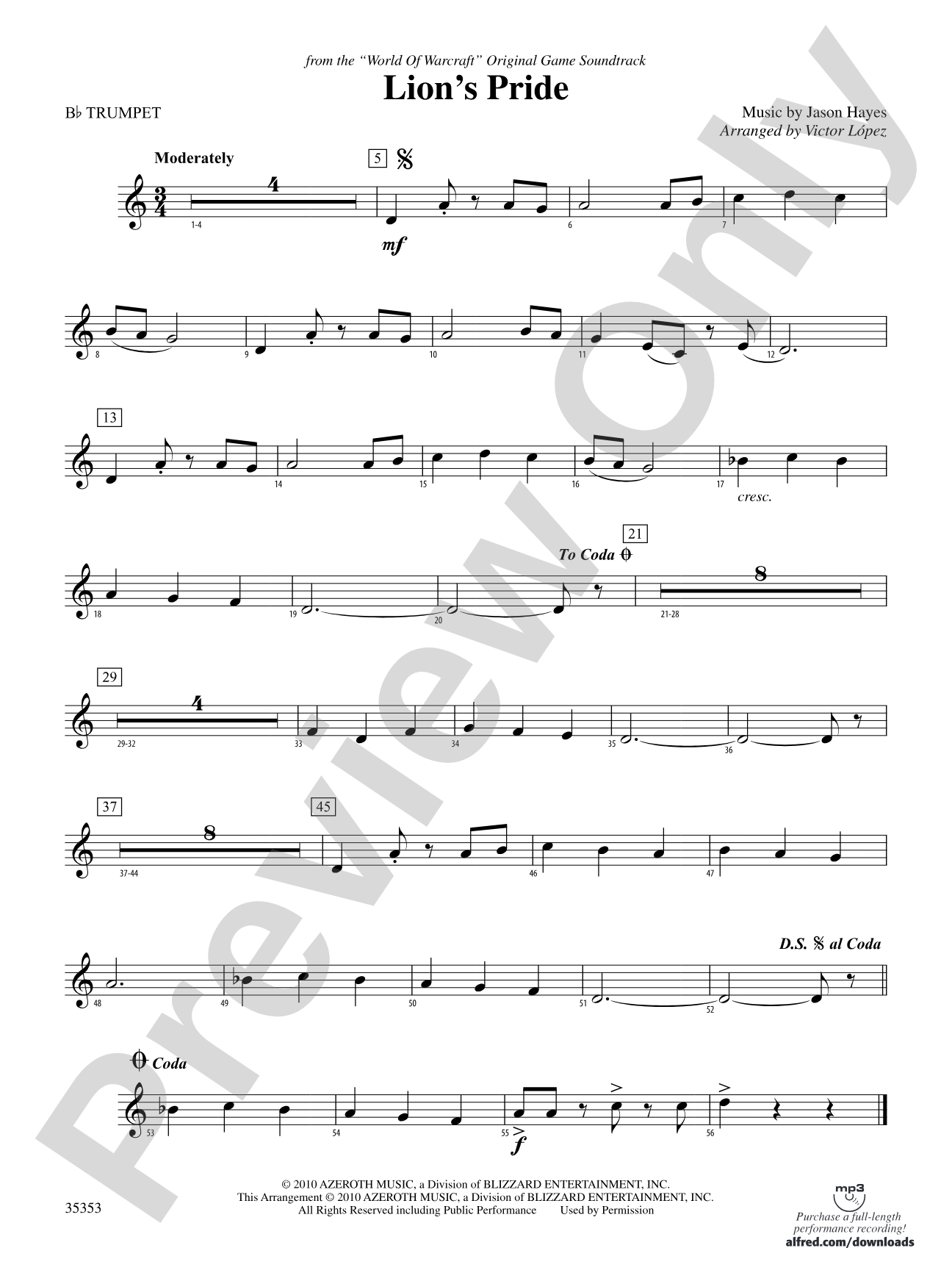 Lion's Pride (from the "World of Warcraft" Original Game Soundtrack): 1st B-flat Trumpet