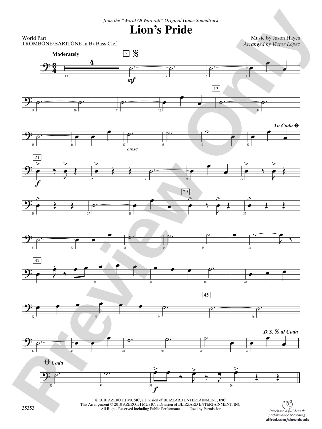 Lion's Pride (from the "World of Warcraft" Original Game Soundtrack): (wp) B-flat Baritone B.C.