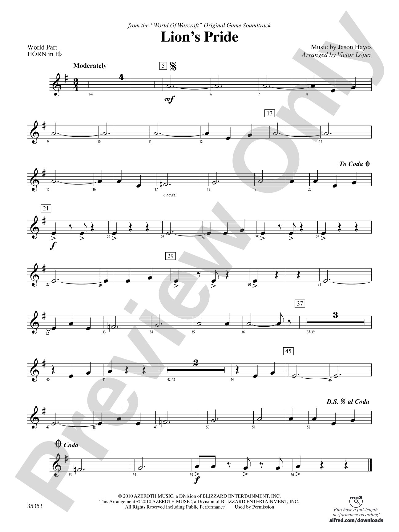 Lion's Pride (from the "World of Warcraft" Original Game Soundtrack): (wp) 1st Horn in E-flat