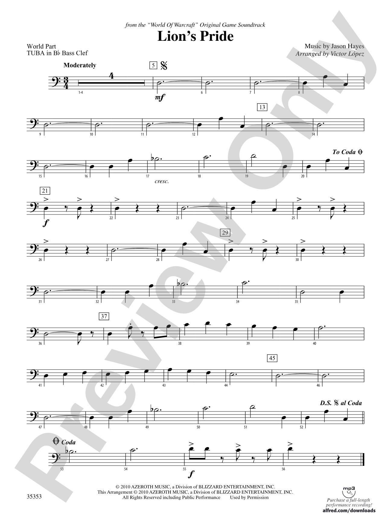 Lion's Pride (from the "World of Warcraft" Original Game Soundtrack): (wp) B-flat Tuba B.C.