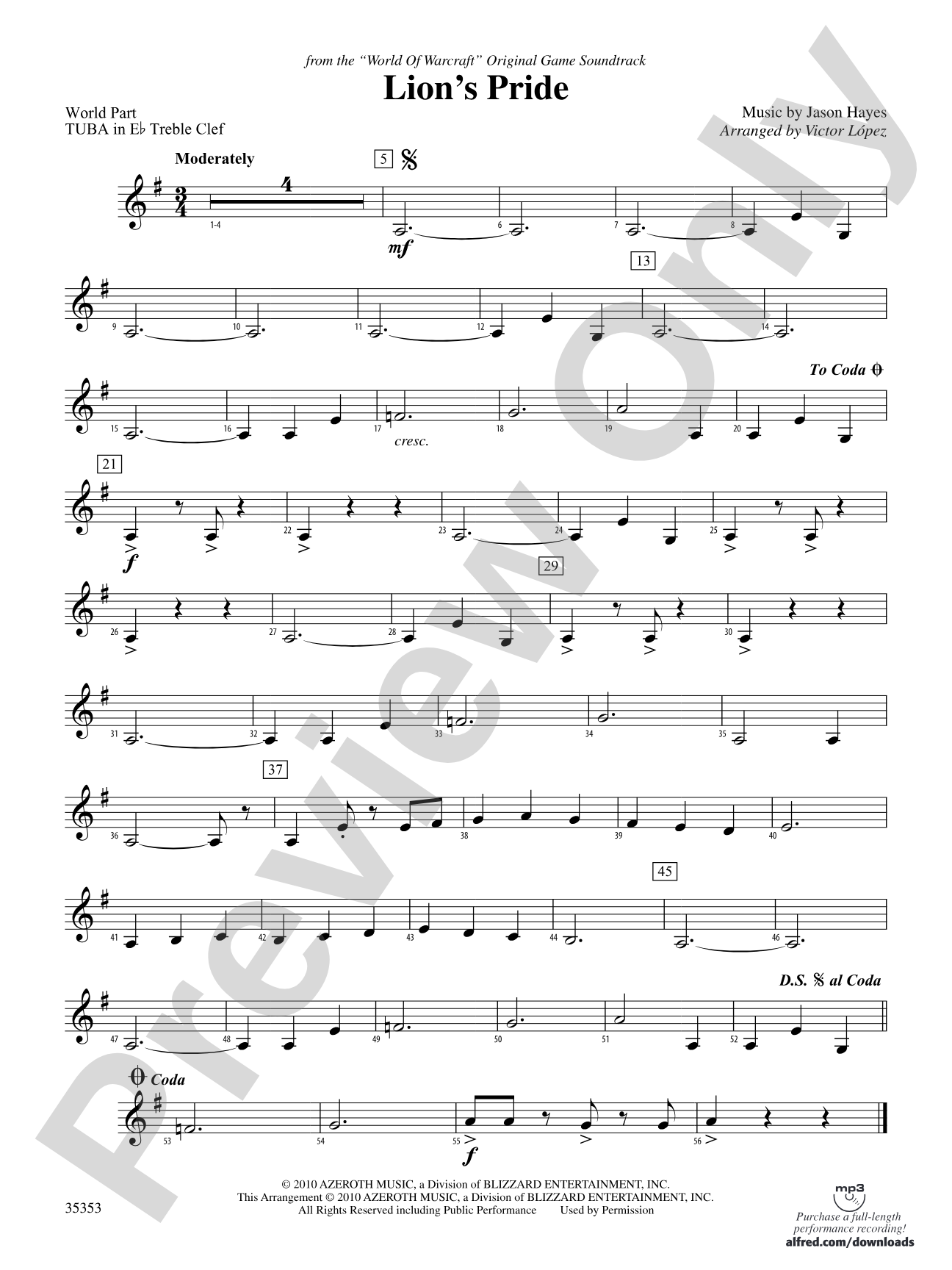 Lion's Pride (from the "World of Warcraft" Original Game Soundtrack): (wp) E-flat Tuba T.C.