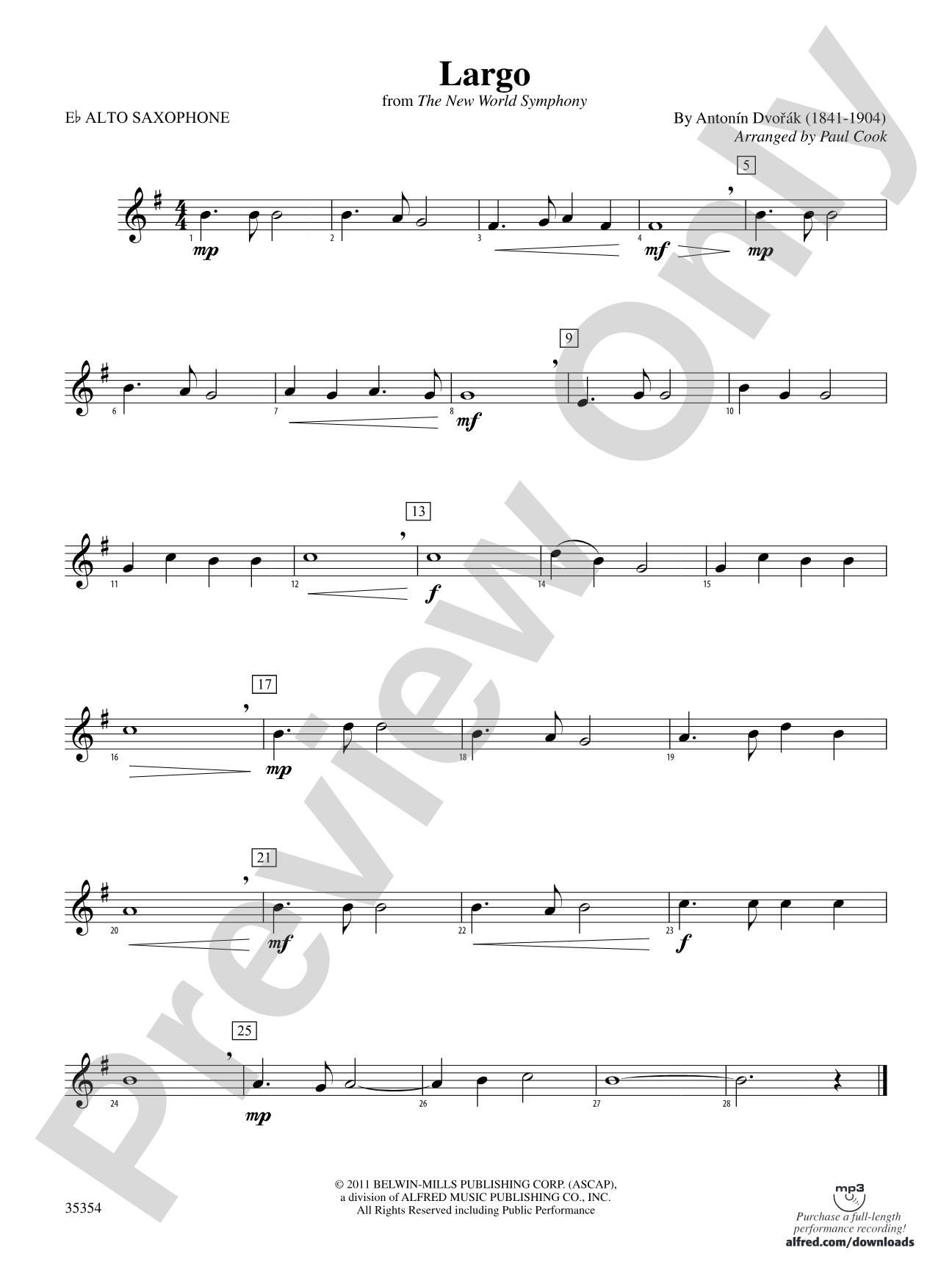 Largo (from the New World Symphony): E-flat Alto Saxophone