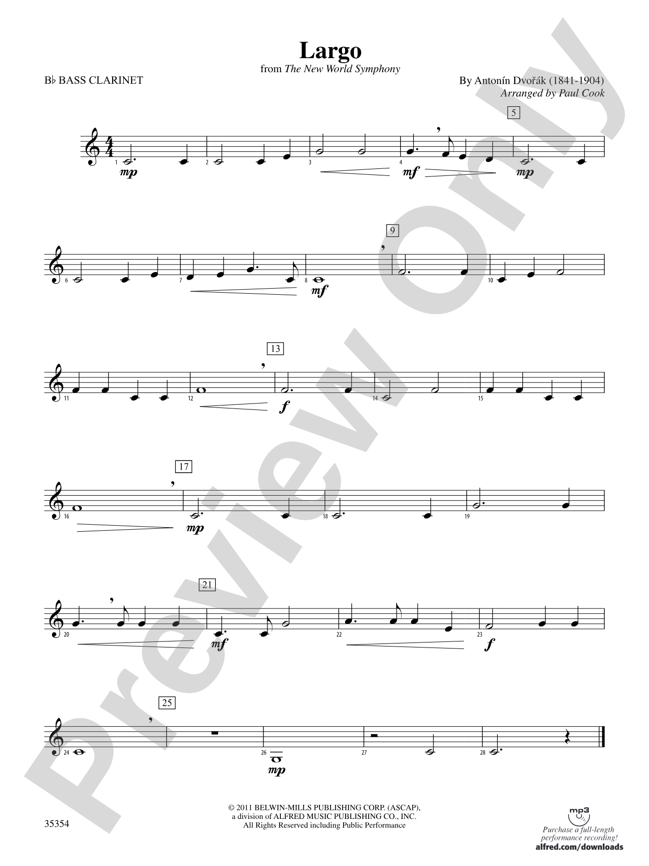 Largo (from the New World Symphony): B-flat Bass Clarinet