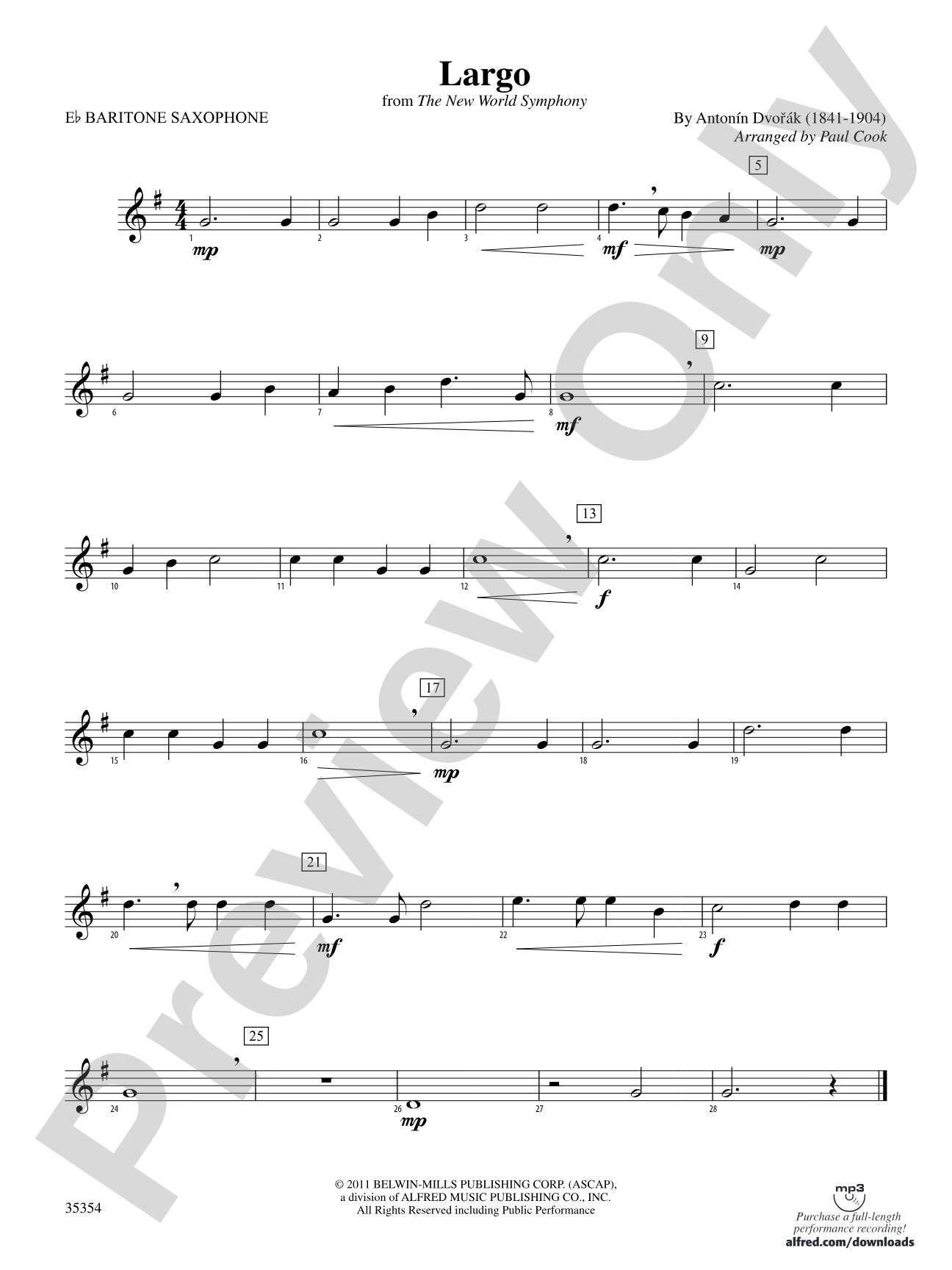 Largo (from the New World Symphony): E-flat Baritone Saxophone