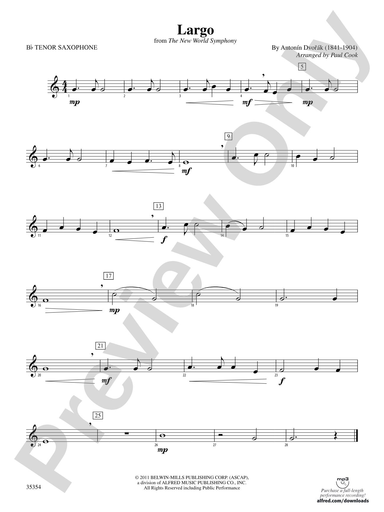 Largo (from the New World Symphony): B-flat Tenor Saxophone