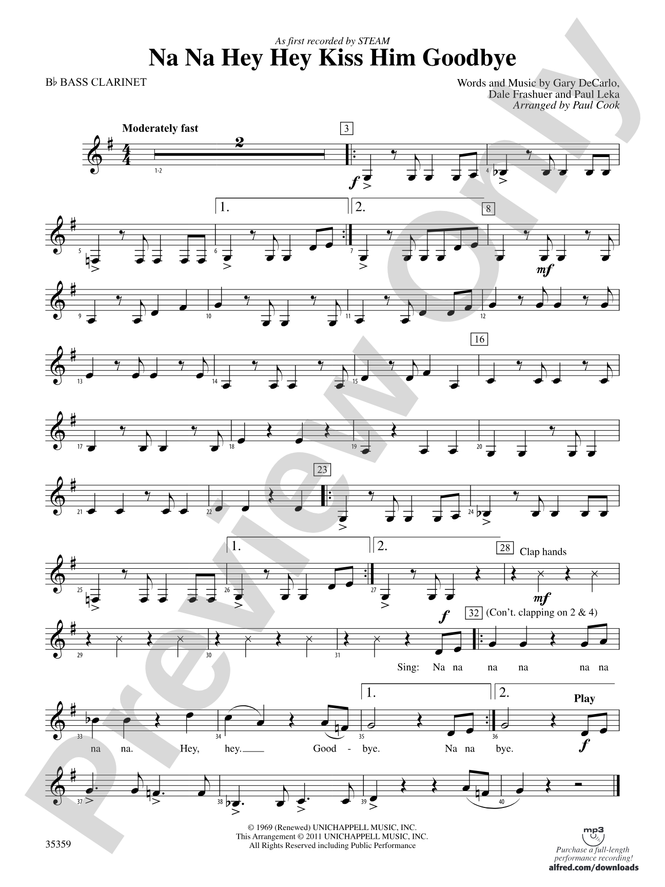 Na Na Hey Hey Kiss Him Goodbye: B-flat Bass Clarinet