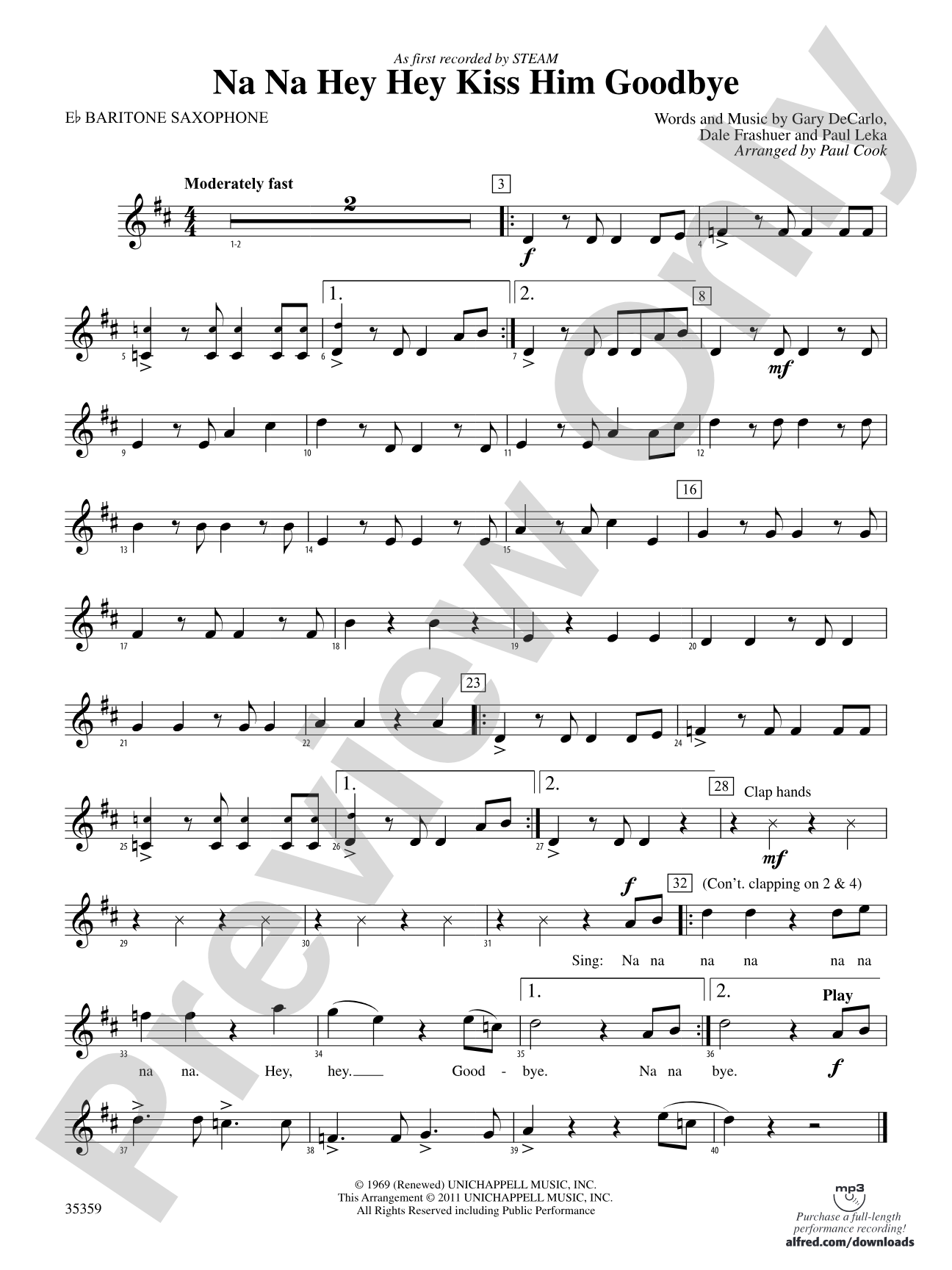 Na Na Hey Hey Kiss Him Goodbye: E-flat Baritone Saxophone