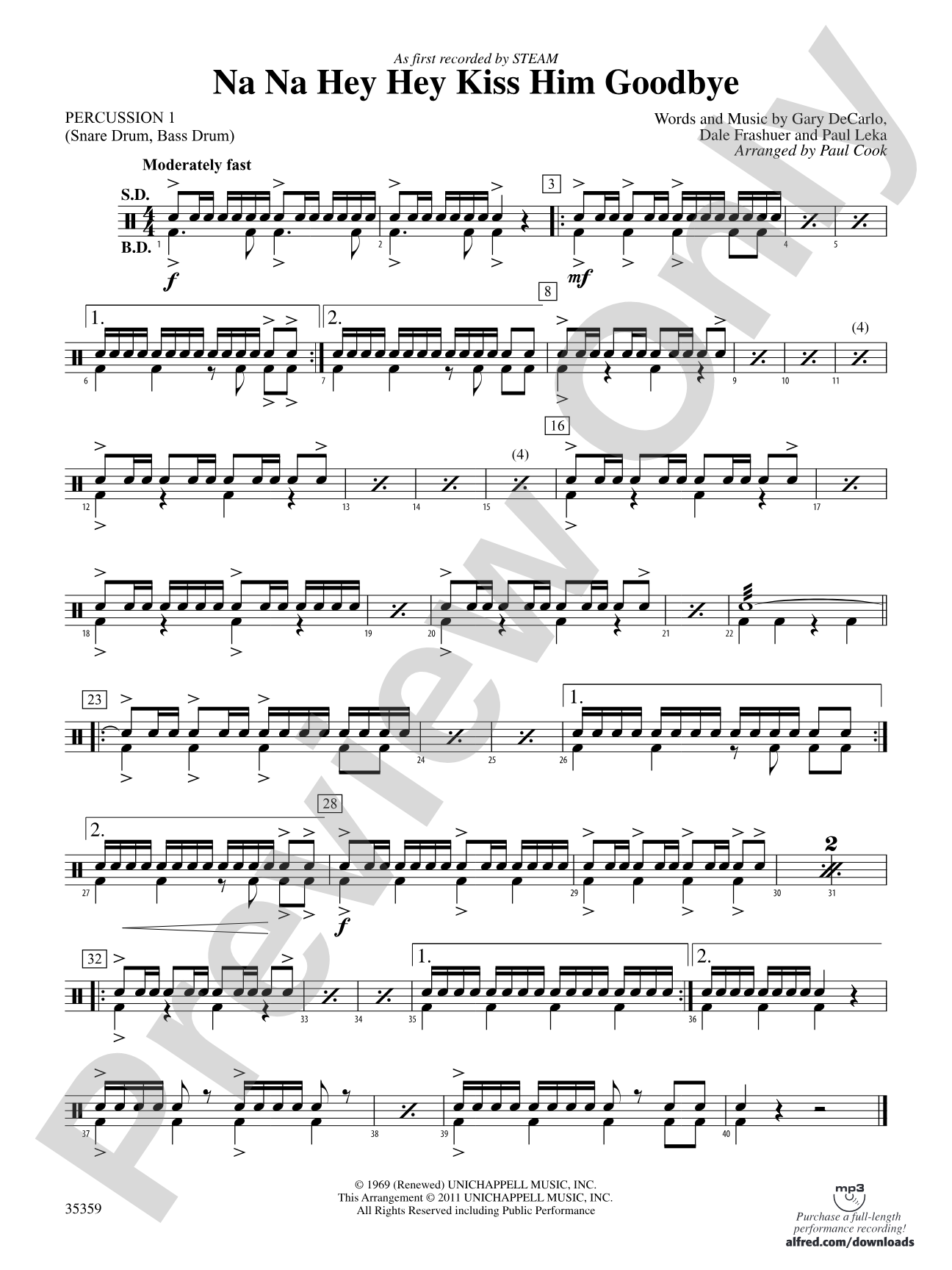 Na Na Hey Hey Kiss Him Goodbye: 1st Percussion